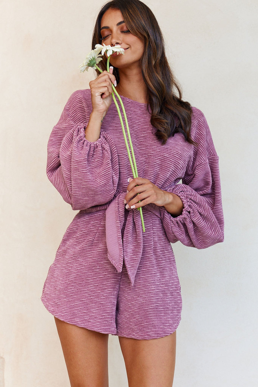 Windsor Long Balloon Sleeve Waist Tie Romper Mauve by Selfie Leslie
