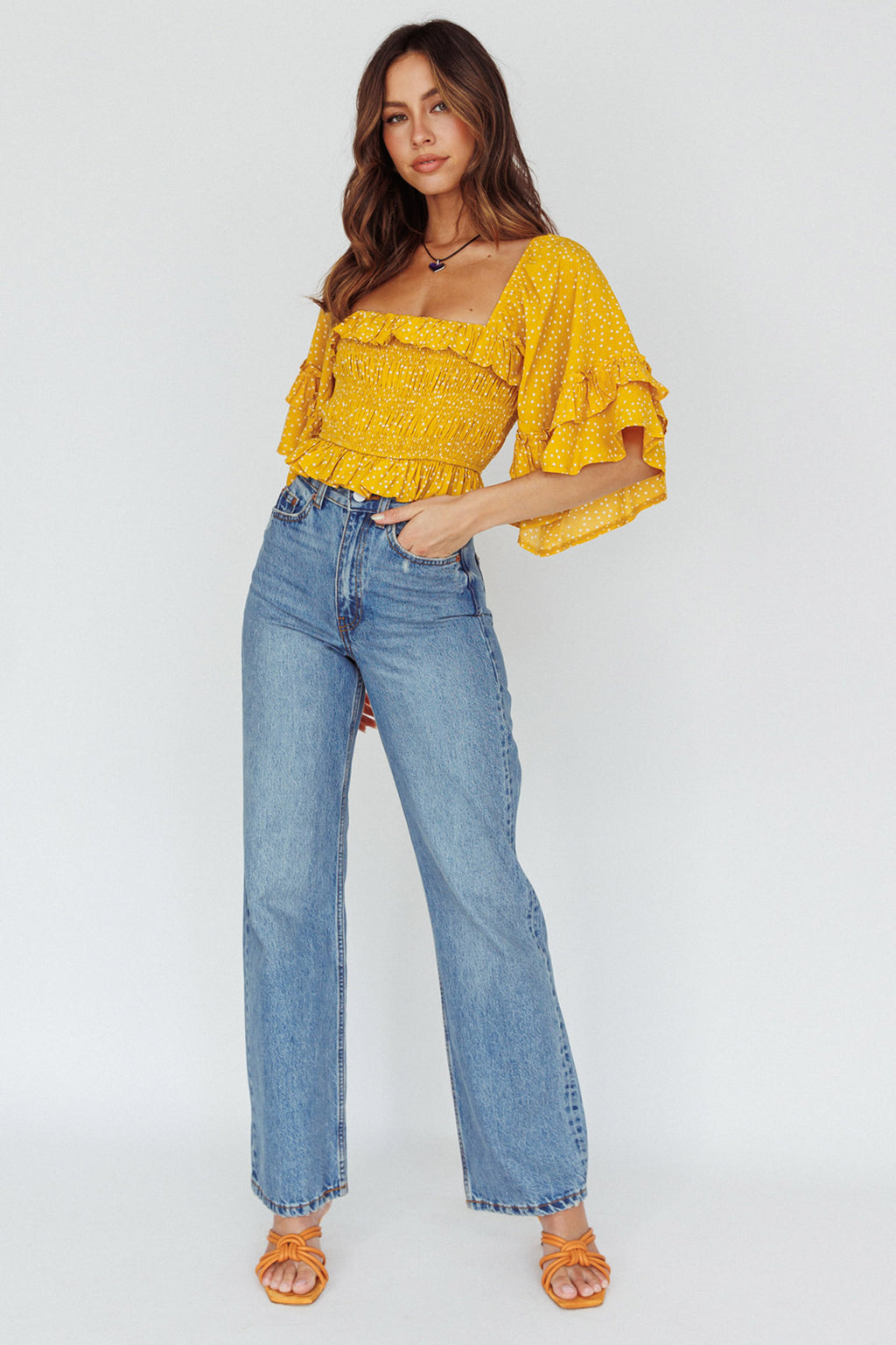 Boardwalk Bell Sleeve Crop Top Spotty Mustard by Selfie Leslie Australia