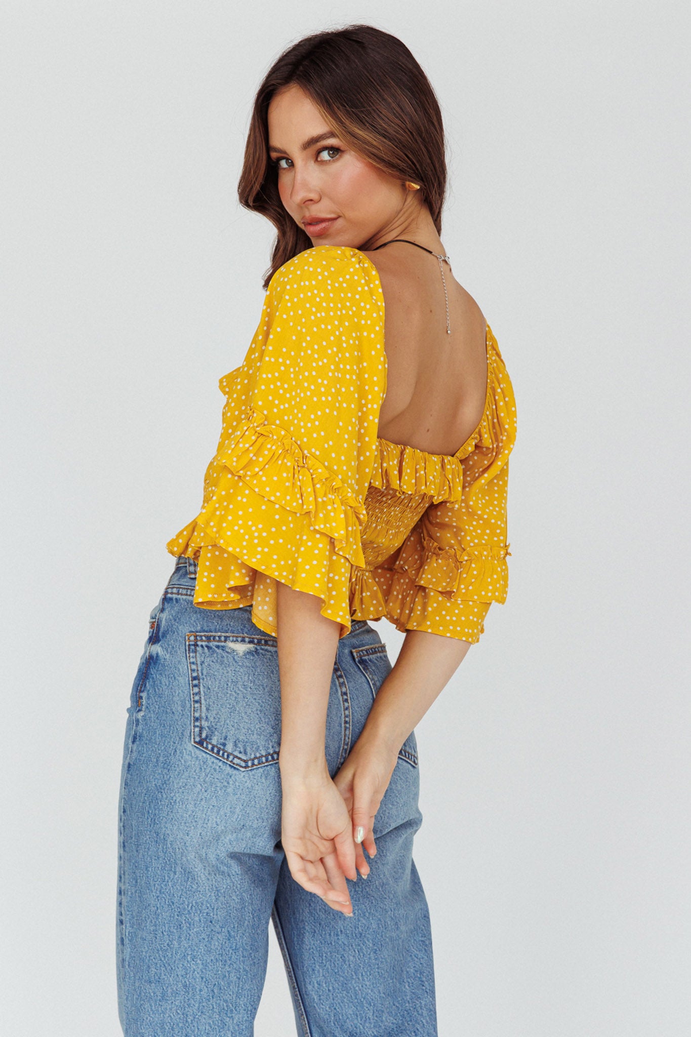 Boardwalk Bell Sleeve Crop Top Spotty Mustard by Selfie Leslie Australia