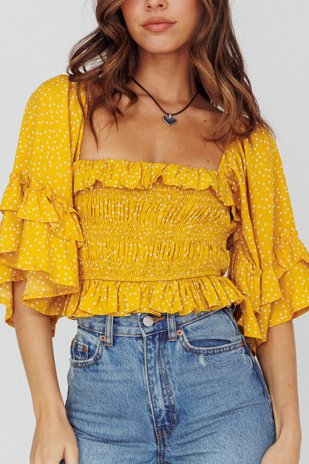 Boardwalk Bell Sleeve Crop Top Spotty Mustard by Selfie Leslie Australia