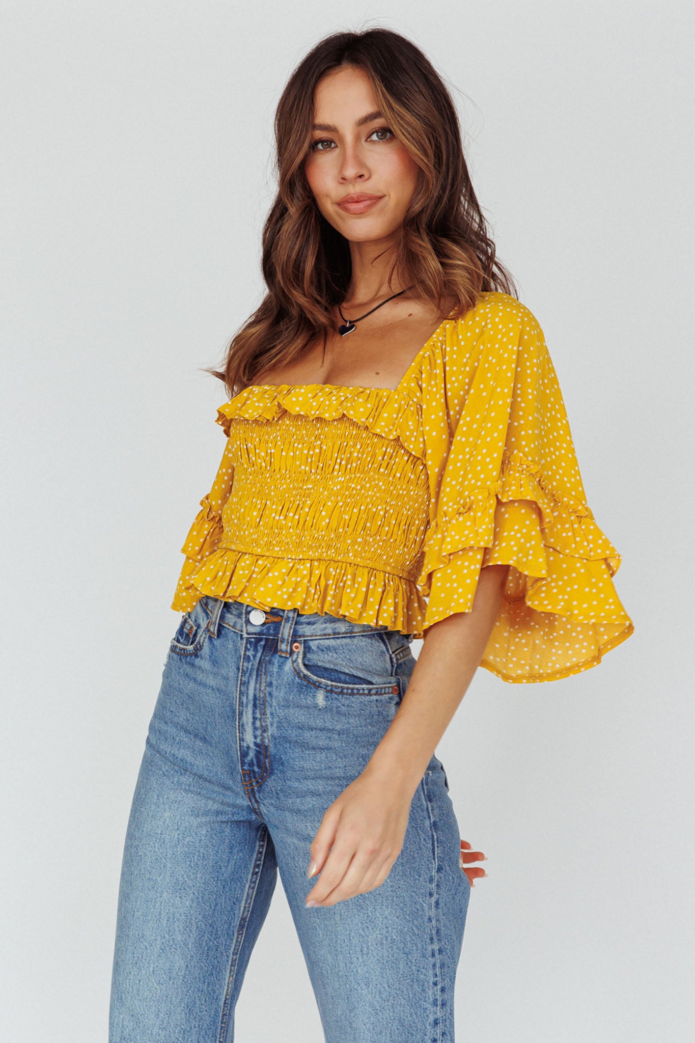 Boardwalk Bell Sleeve Crop Top Spotty Mustard by Selfie Leslie Australia