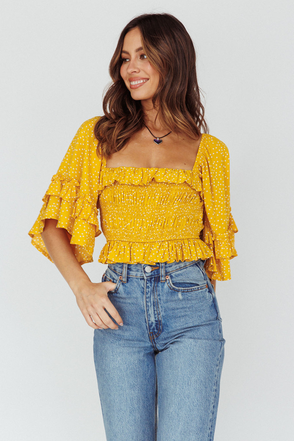 Boardwalk Bell Sleeve Crop Top Spotty Mustard by Selfie Leslie Australia