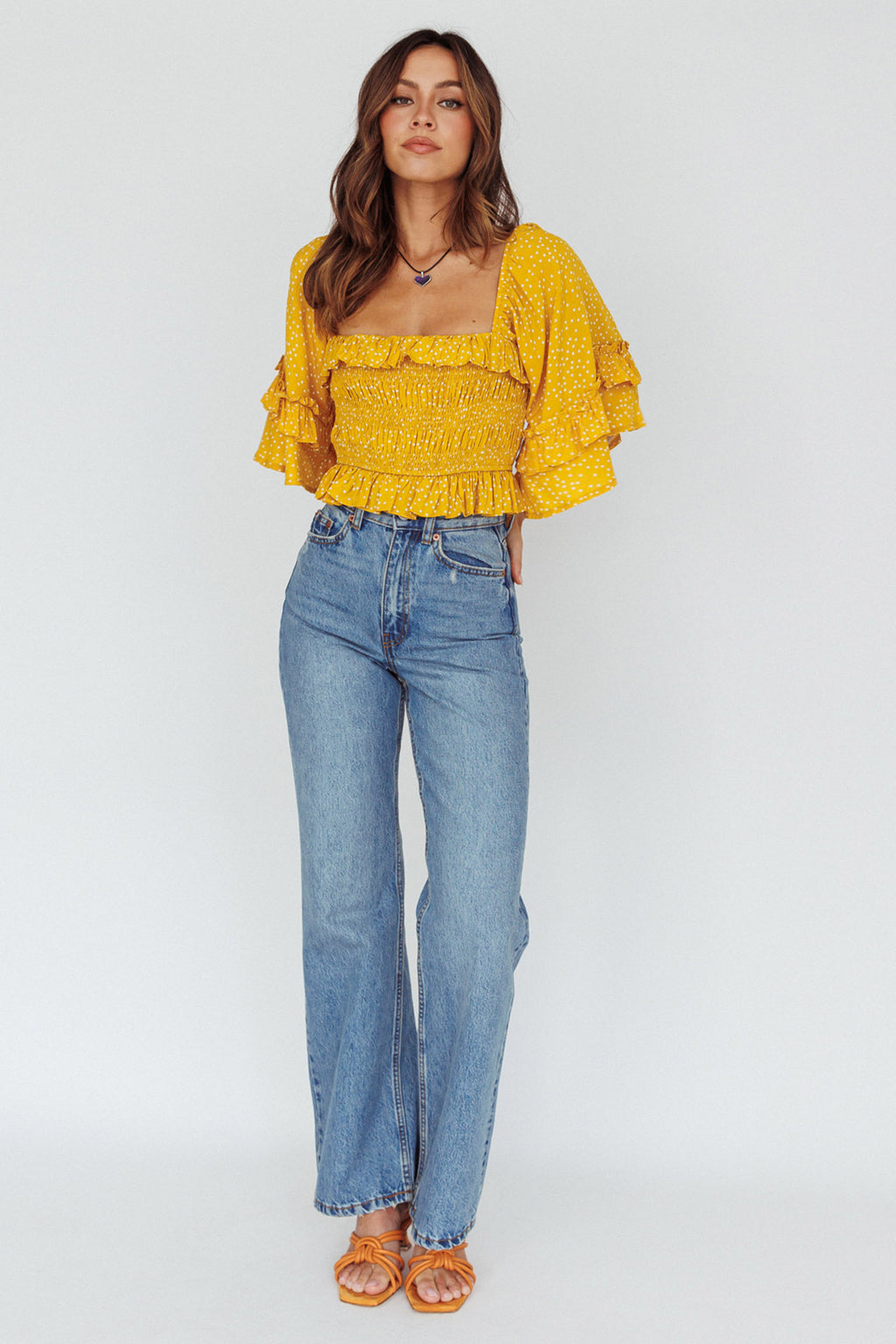 Boardwalk Bell Sleeve Crop Top Spotty Mustard by Selfie Leslie Australia