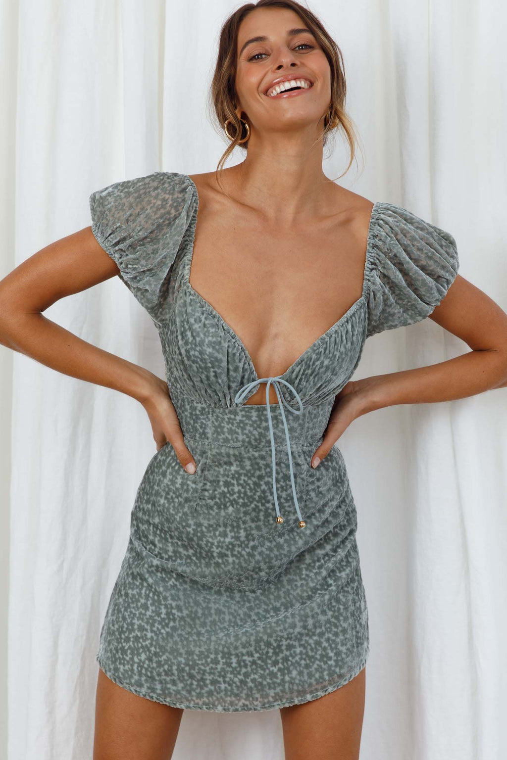 In My Dreams Puff Sleeve String Tie Bust Velour Dress Green by Selfie Leslie