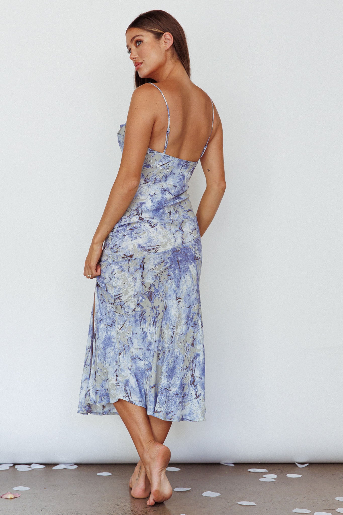 Well Versed Pleated Bust Front Split Dress Marble Print Blue by Selfie Leslie Australia