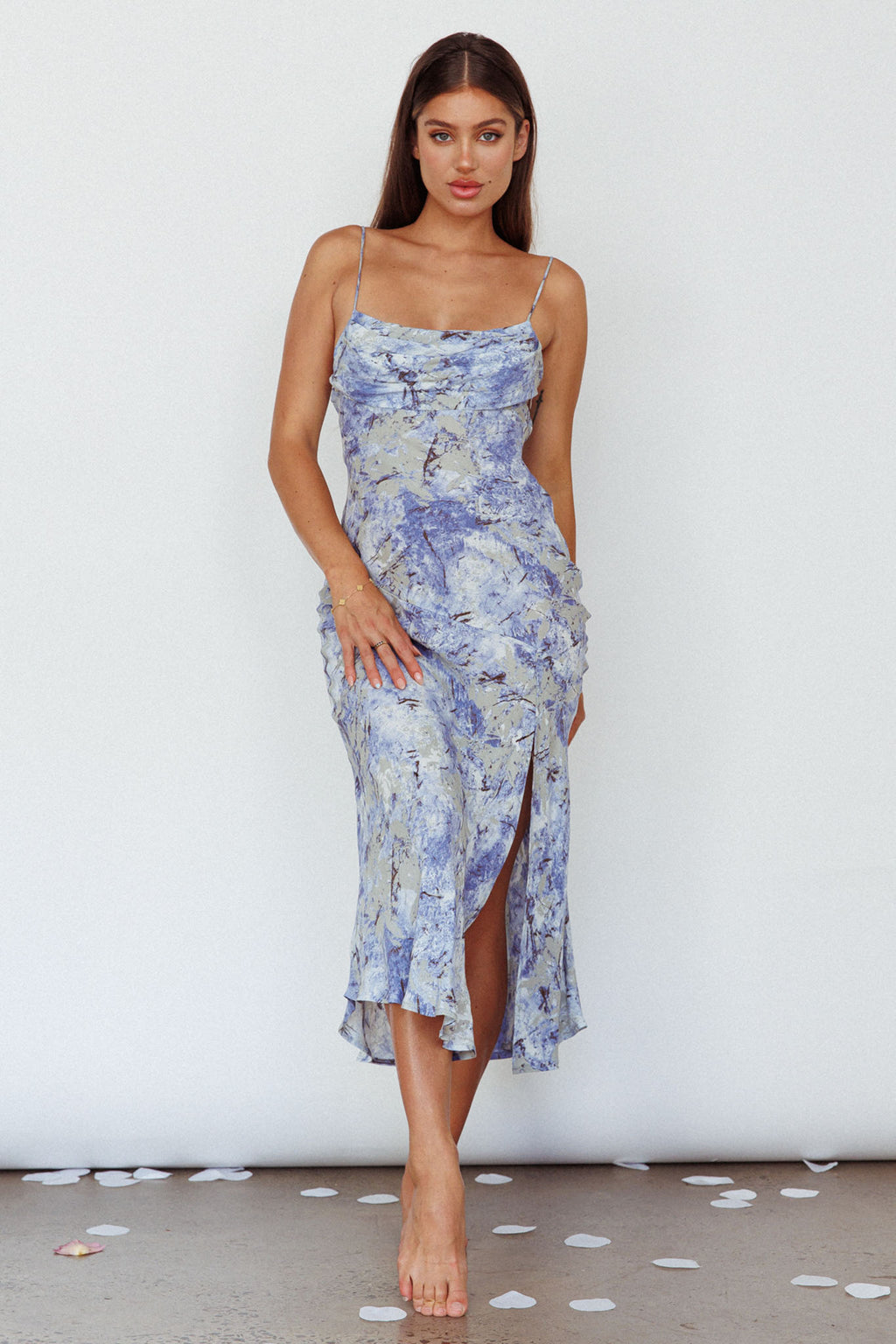 Well Versed Pleated Bust Front Split Dress Marble Print Blue by Selfie Leslie Australia