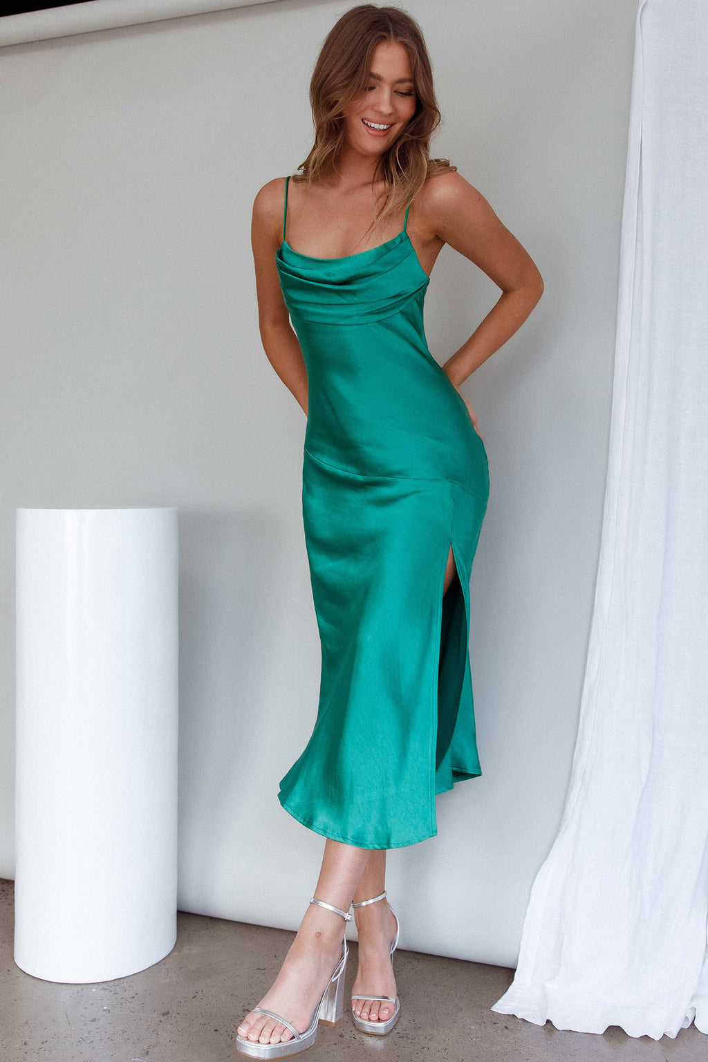 Well Versed Pleated Bust Front Split Dress Green by Selfie Leslie Australia