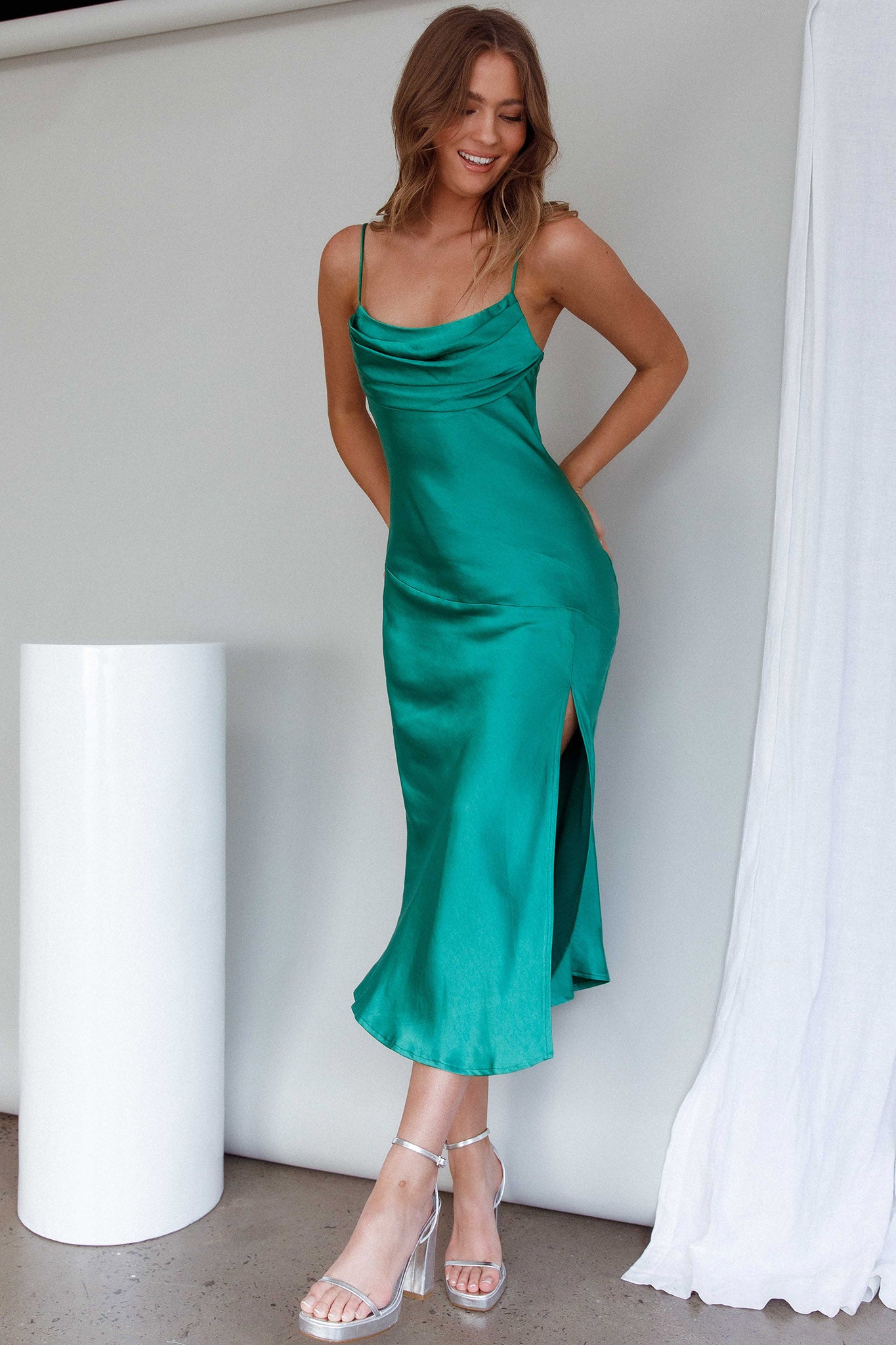 Well Versed Pleated Bust Front Split Dress Green by Selfie Leslie Australia
