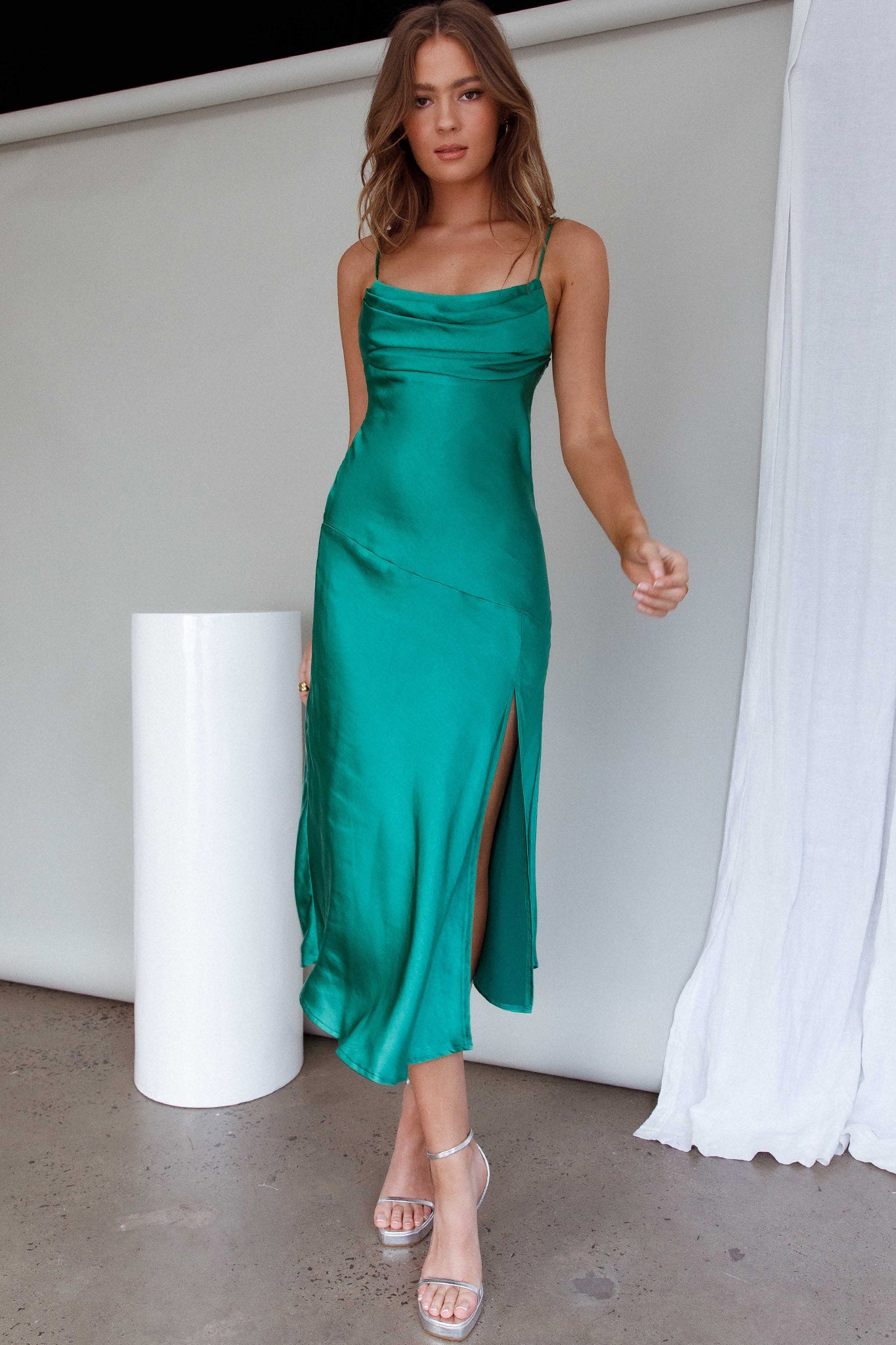 Well Versed Pleated Bust Front Split Dress Green by Selfie Leslie Australia