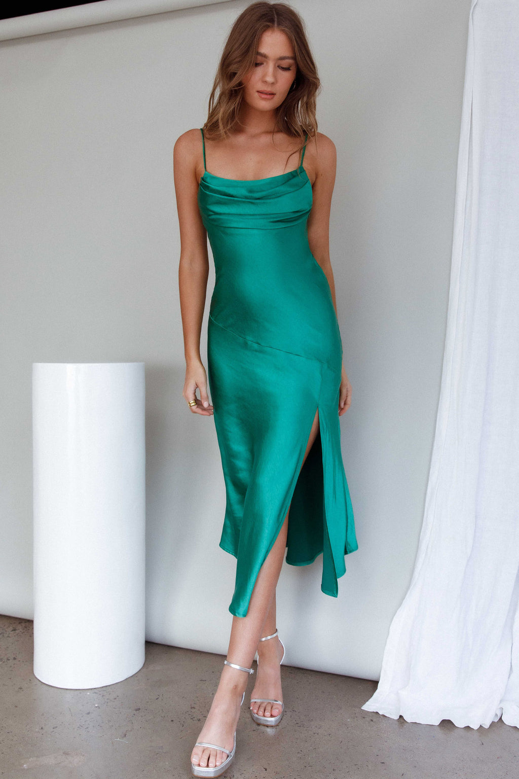 Well Versed Pleated Bust Front Split Dress Green by Selfie Leslie Australia