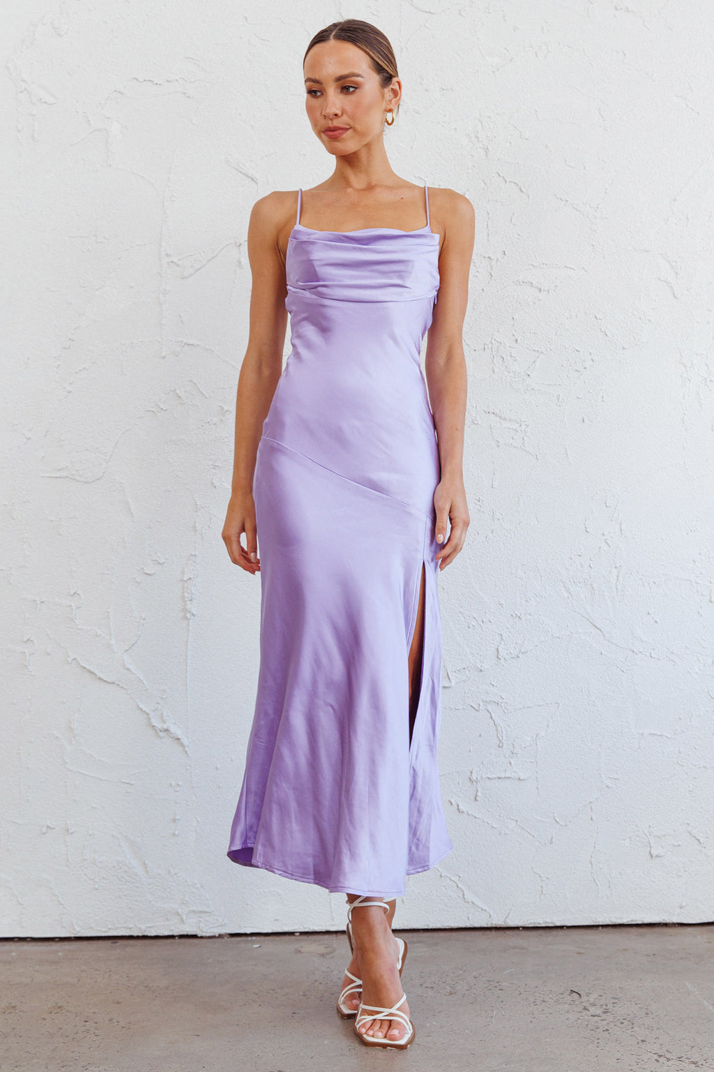 Well Versed Pleated Bust Front Split Dress Lavender by Selfie Leslie Australia