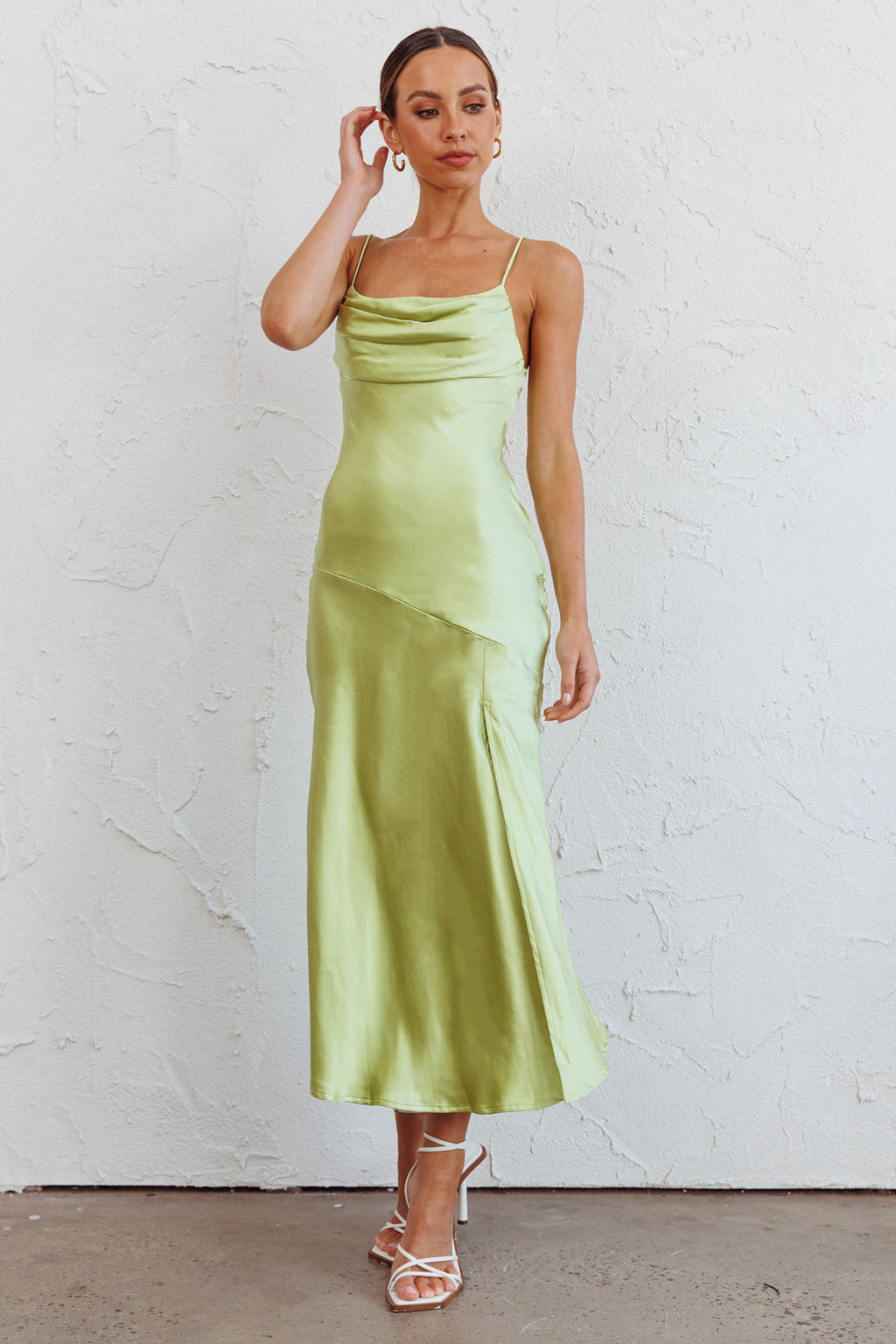 Well Versed Pleated Bust Front Split Dress Satin Lime by Selfie Leslie Australia