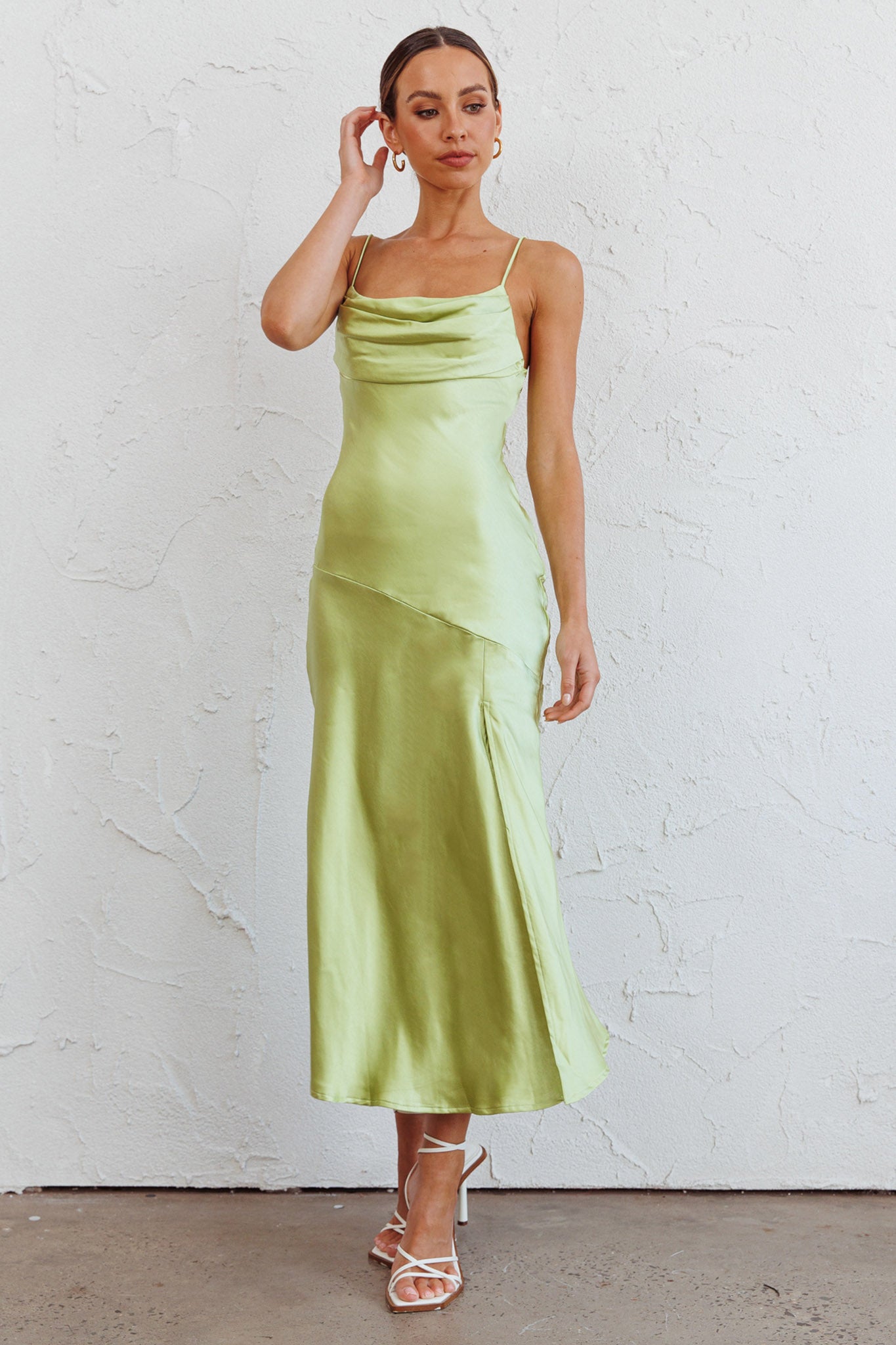 Well Versed Pleated Bust Front Split Dress Satin Lime by Selfie Leslie Australia