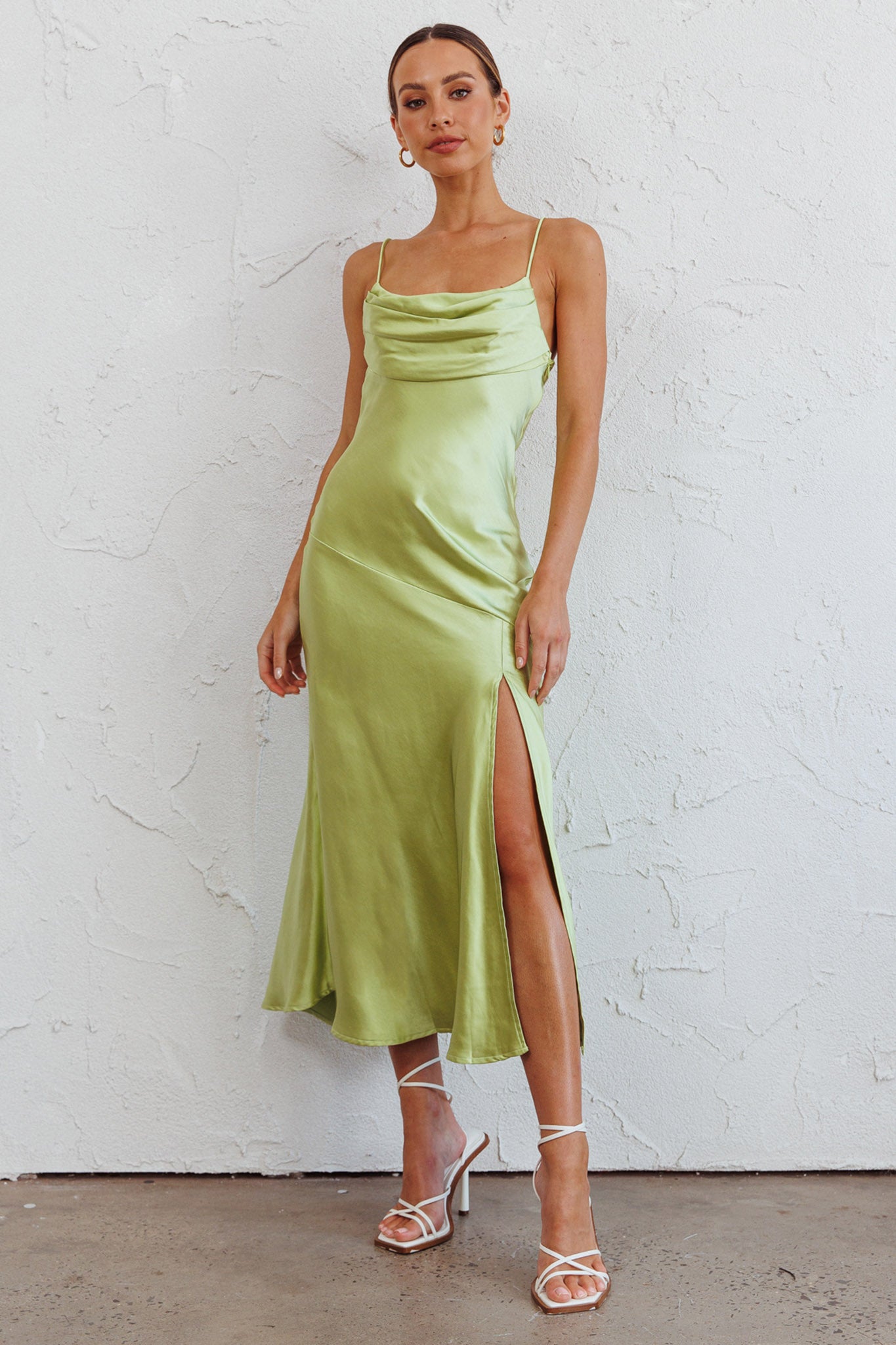 Well Versed Pleated Bust Front Split Dress Satin Lime by Selfie Leslie Australia