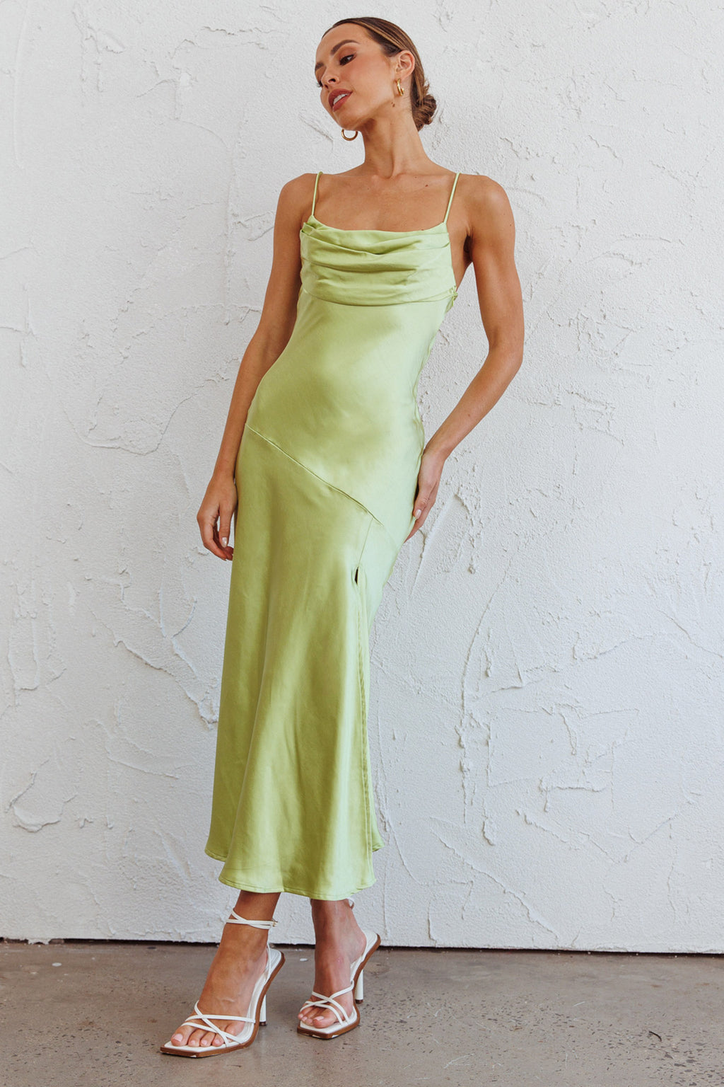 Well Versed Pleated Bust Front Split Dress Satin Lime by Selfie Leslie Australia