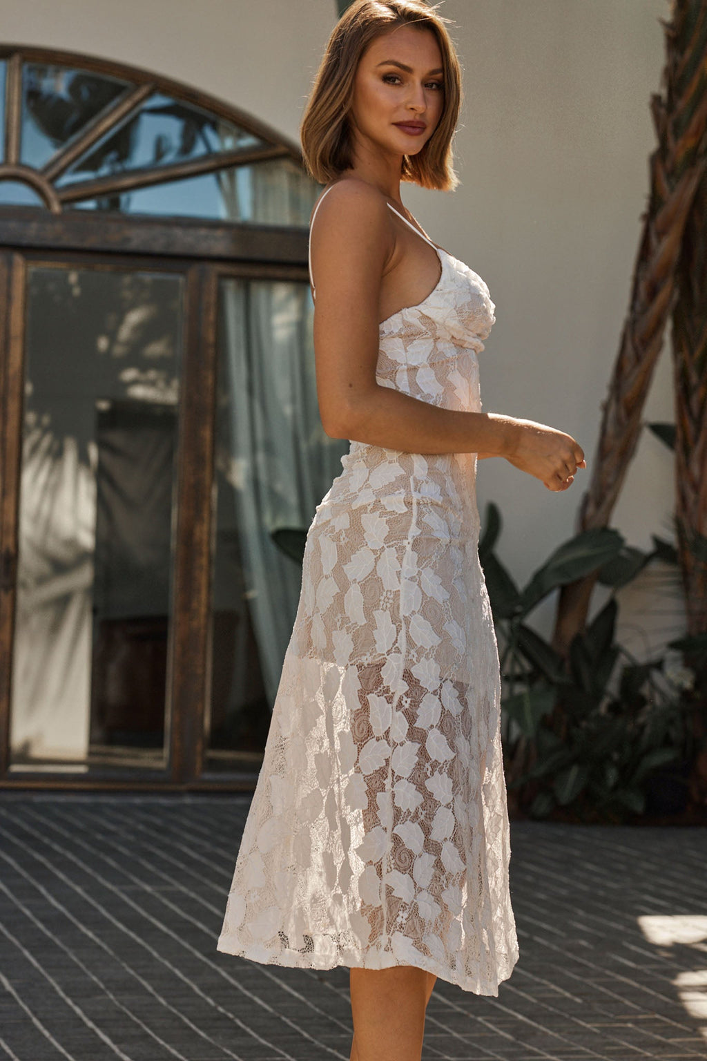 Well Versed Pleated Bust Front Split Dress Lace White by Selfie Leslie