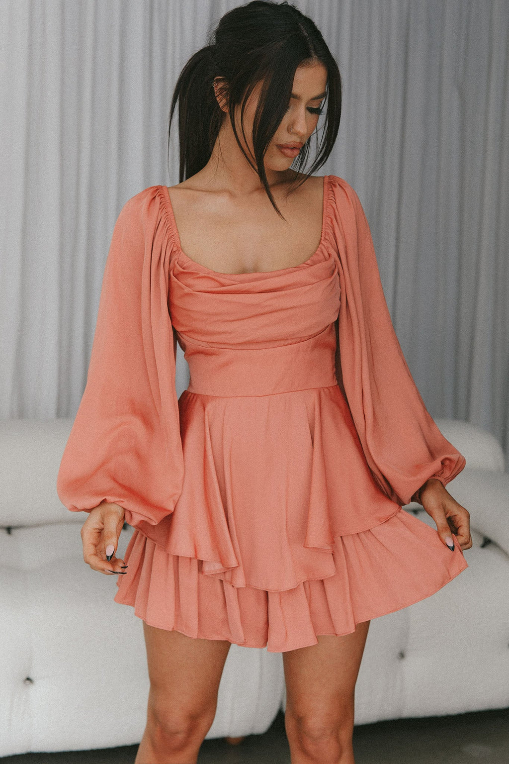 Well Versed Long Sleeve Flounce Romper Rose by Selfie Leslie
