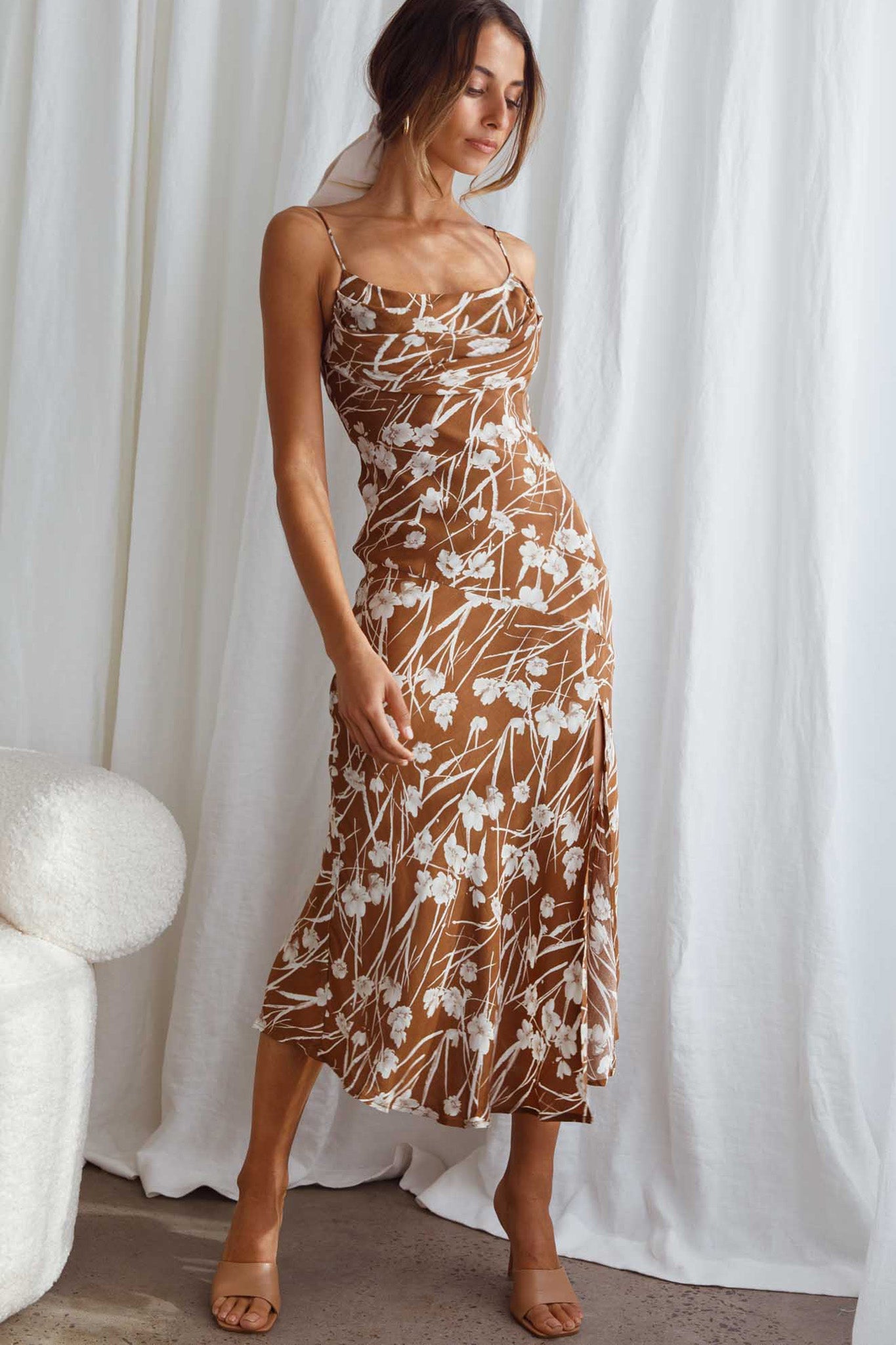 Well Versed Pleated Bust Front Split Dress Wildflower Tan by Selfie Leslie