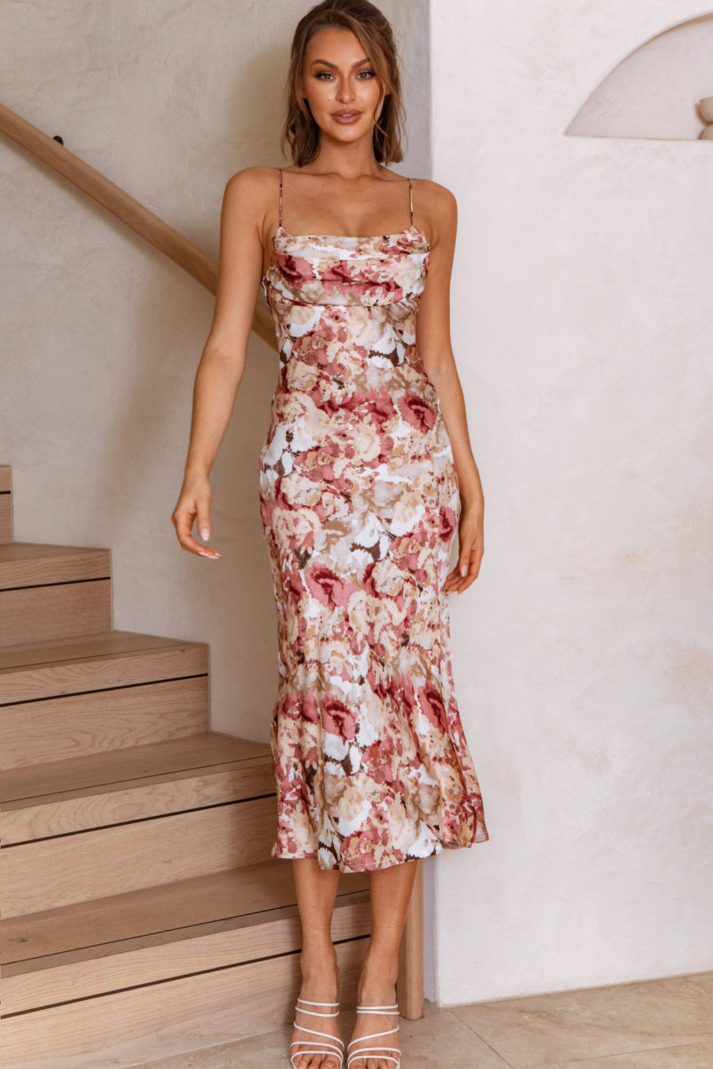 Well Versed Pleated Bust Front Split Dress Floral Abstract Print Rose by Selfie Leslie