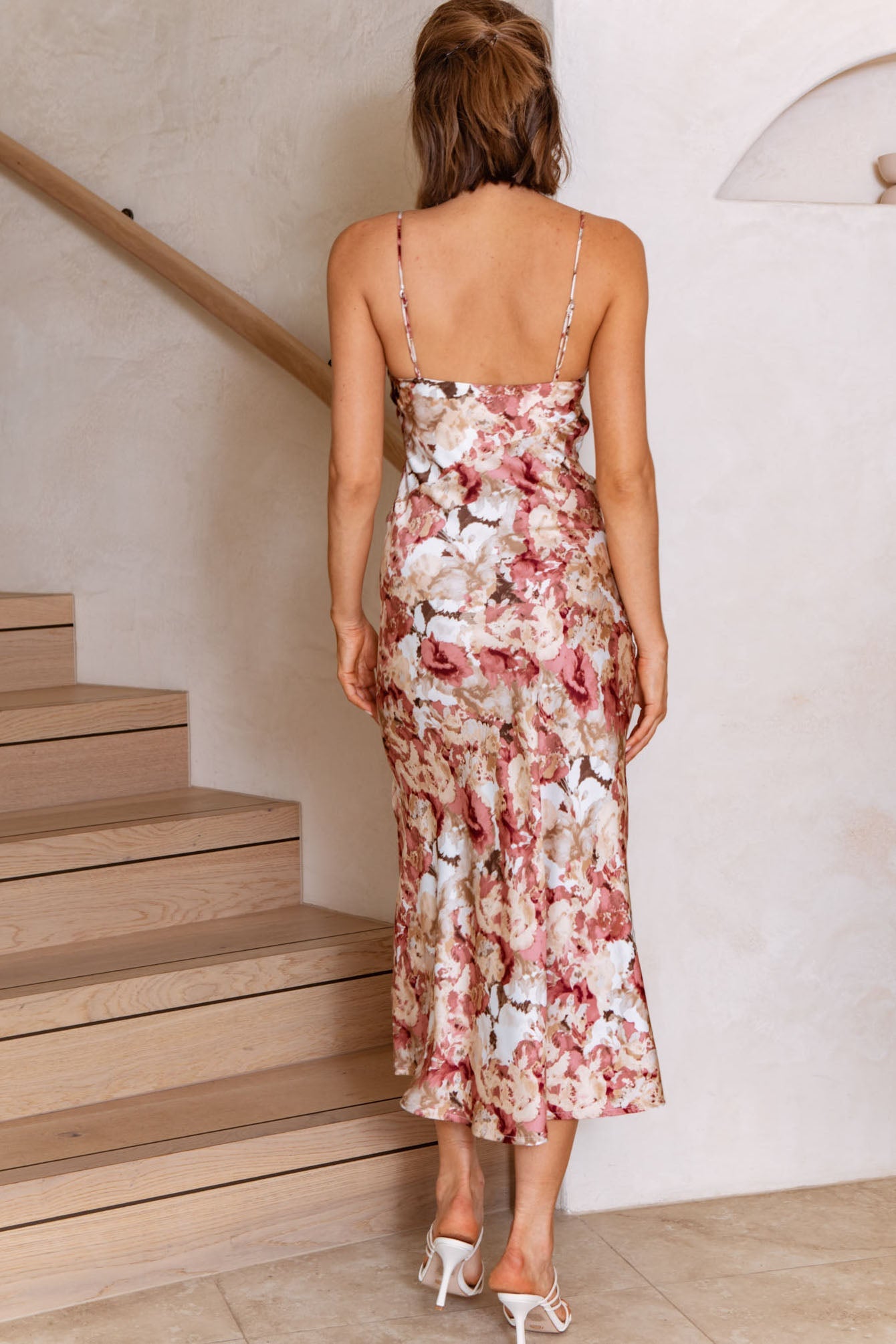 Well Versed Pleated Bust Front Split Dress Floral Abstract Print Rose by Selfie Leslie