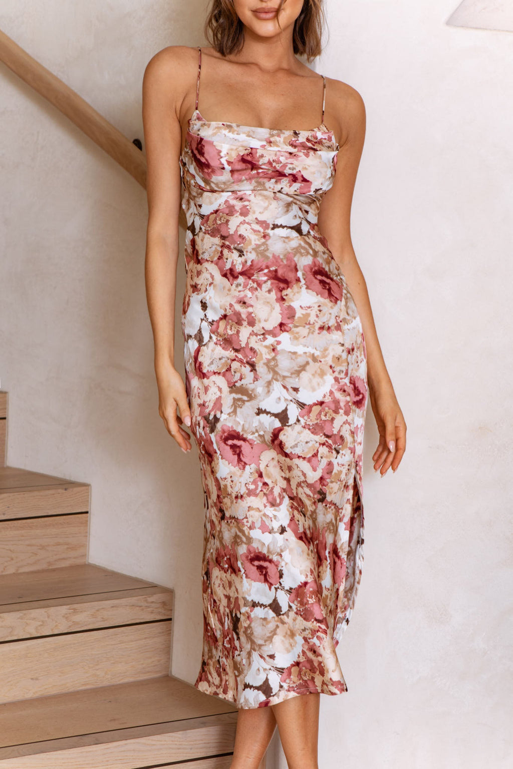 Well Versed Pleated Bust Front Split Dress Floral Abstract Print Rose by Selfie Leslie