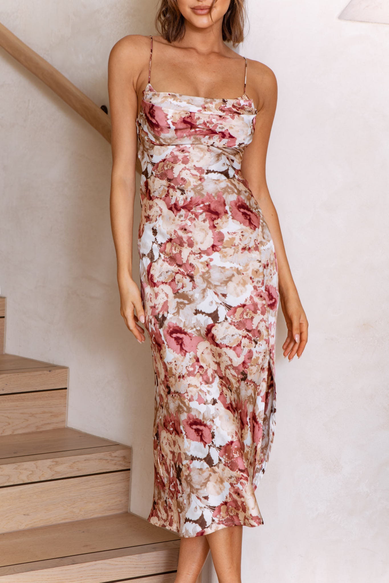 Well Versed Pleated Bust Front Split Dress Floral Abstract Print Rose by Selfie Leslie