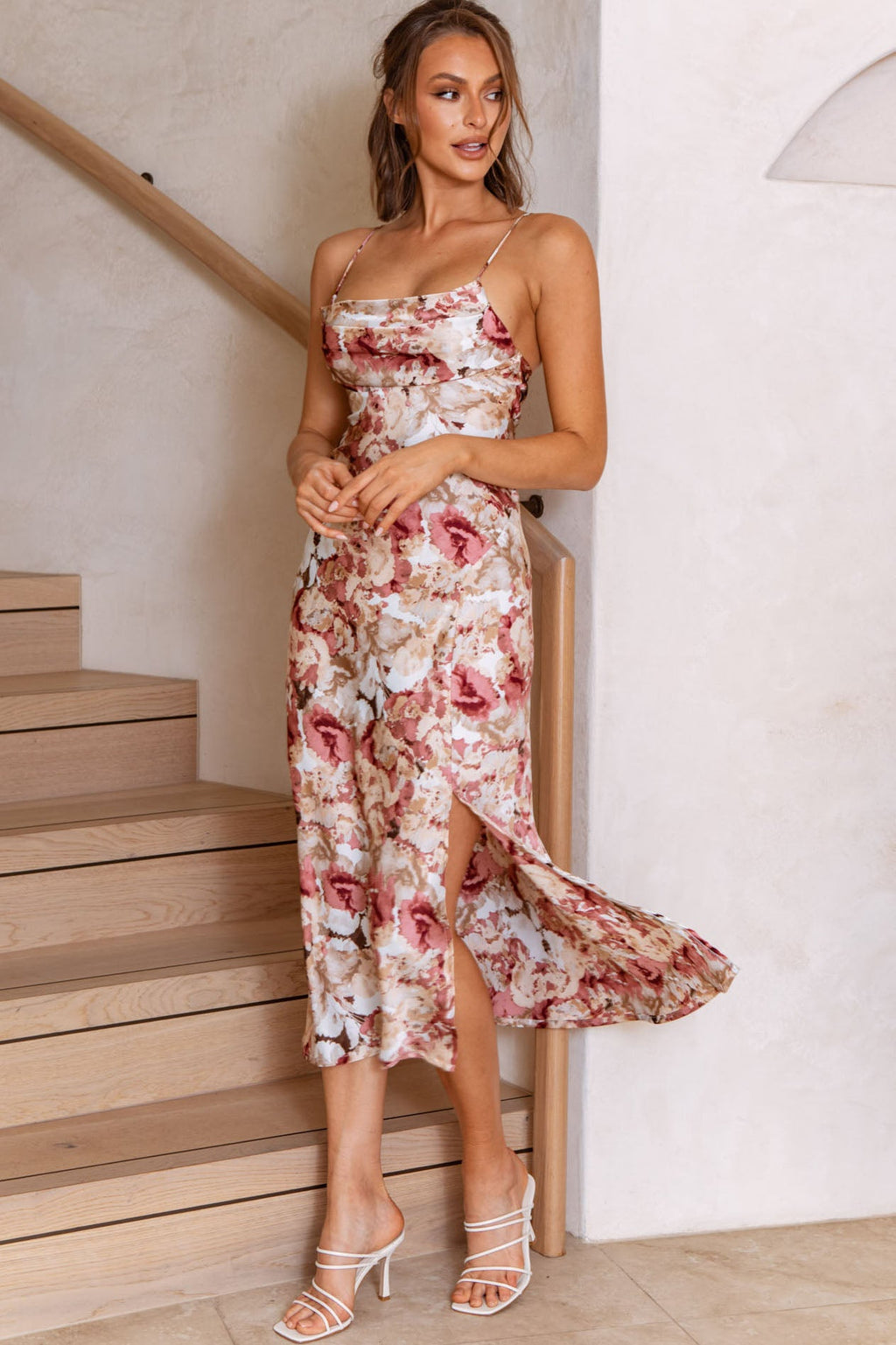 Well Versed Pleated Bust Front Split Dress Floral Abstract Print Rose by Selfie Leslie