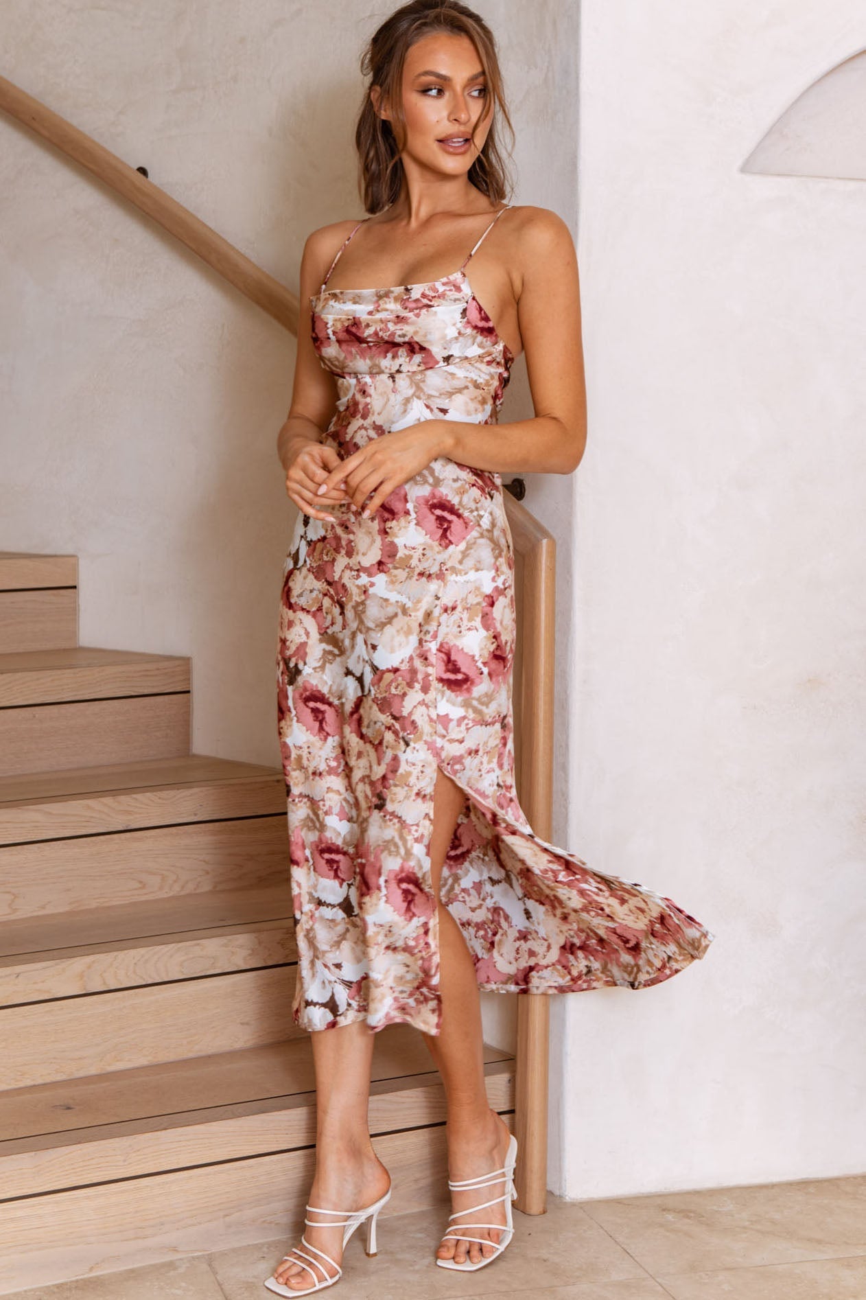 Well Versed Pleated Bust Front Split Dress Floral Abstract Print Rose by Selfie Leslie