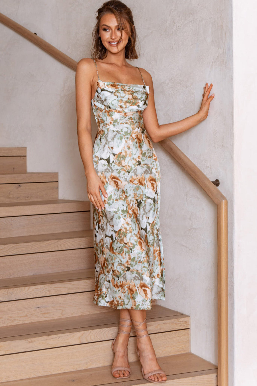Well Versed Pleated Bust Front Split Dress Floral Abstract Print Sage by Selfie Leslie