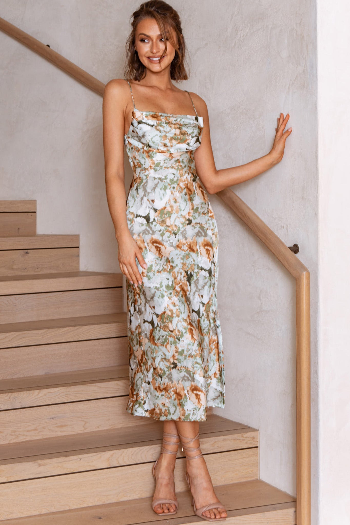 Well Versed Pleated Bust Front Split Dress Floral Abstract Print Sage by Selfie Leslie