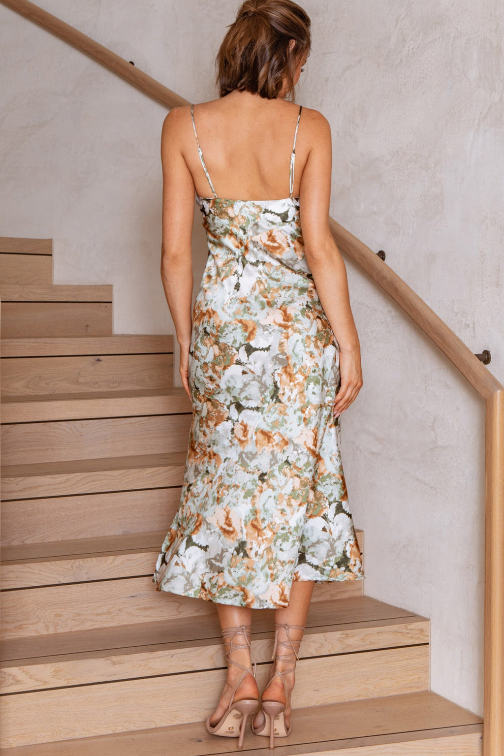 Well Versed Pleated Bust Front Split Dress Floral Abstract Print Sage by Selfie Leslie