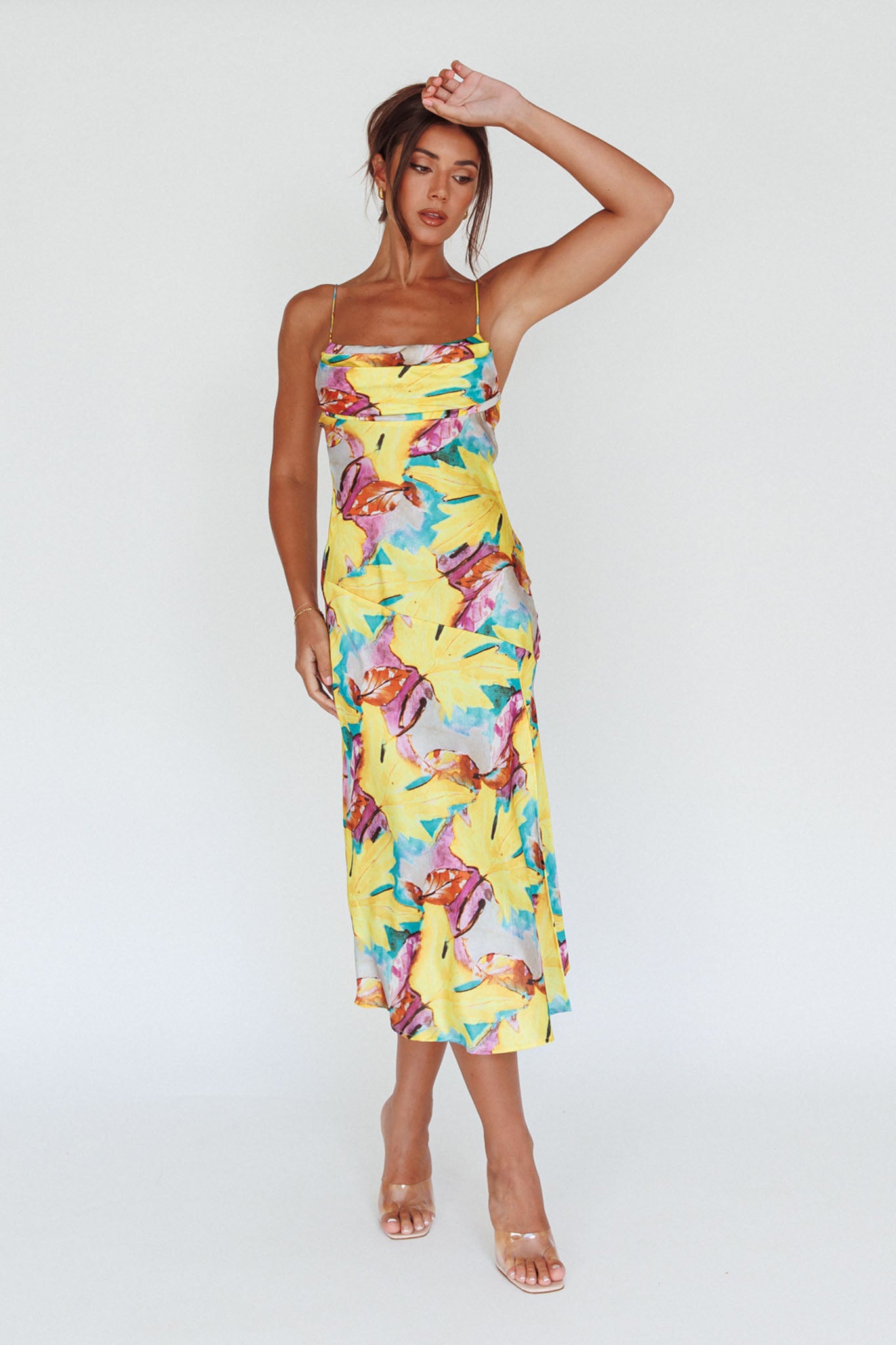 Well Versed Pleated Bust Front Split Dress Leaf Print Yellow by Selfie Leslie Australia