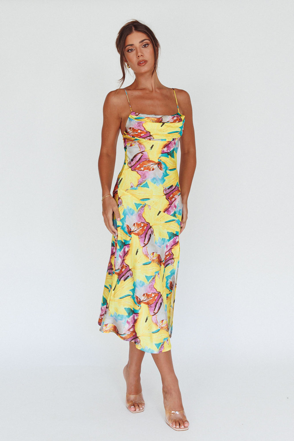 Well Versed Pleated Bust Front Split Dress Leaf Print Yellow by Selfie Leslie Australia