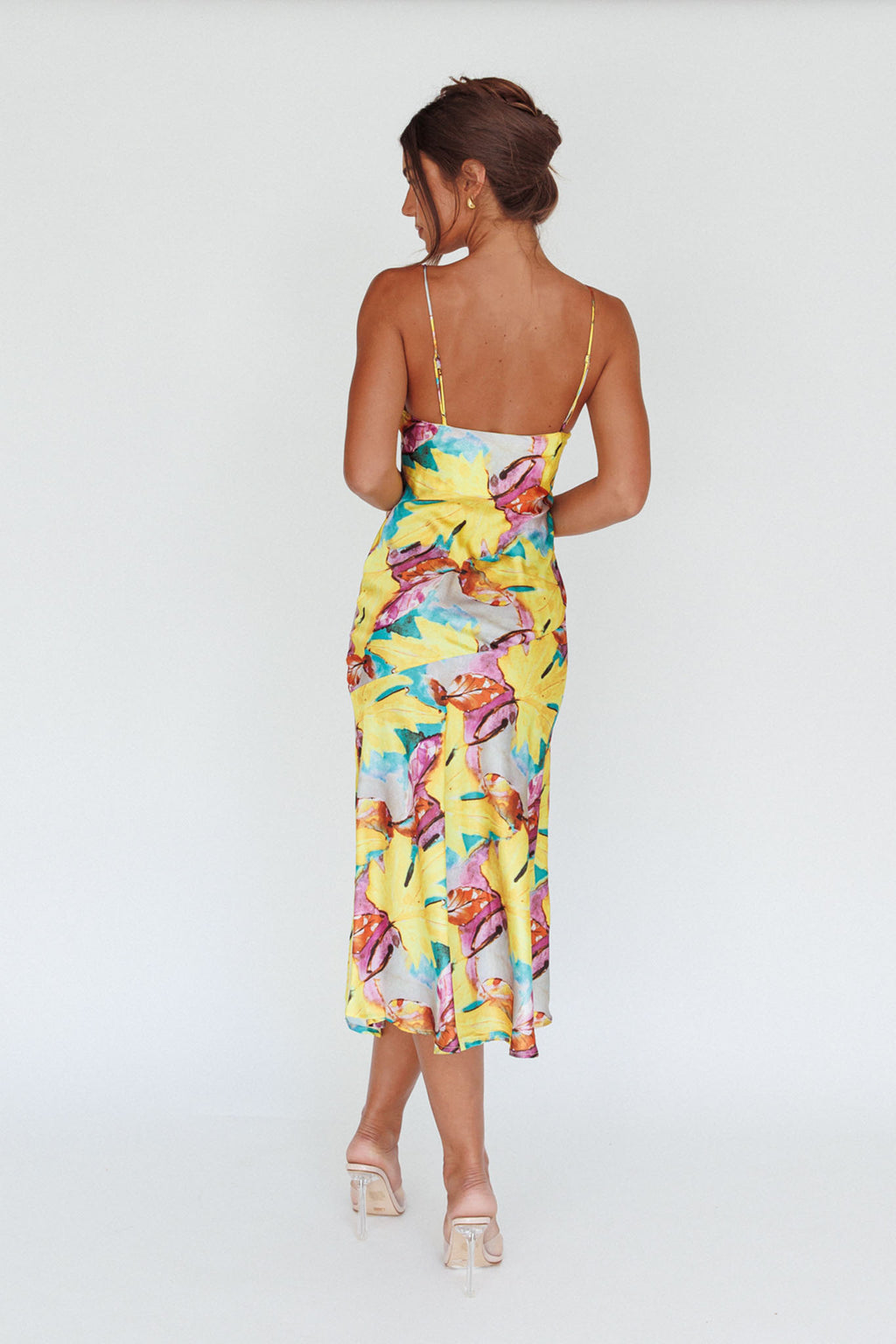 Well Versed Pleated Bust Front Split Dress Leaf Print Yellow by Selfie Leslie Australia