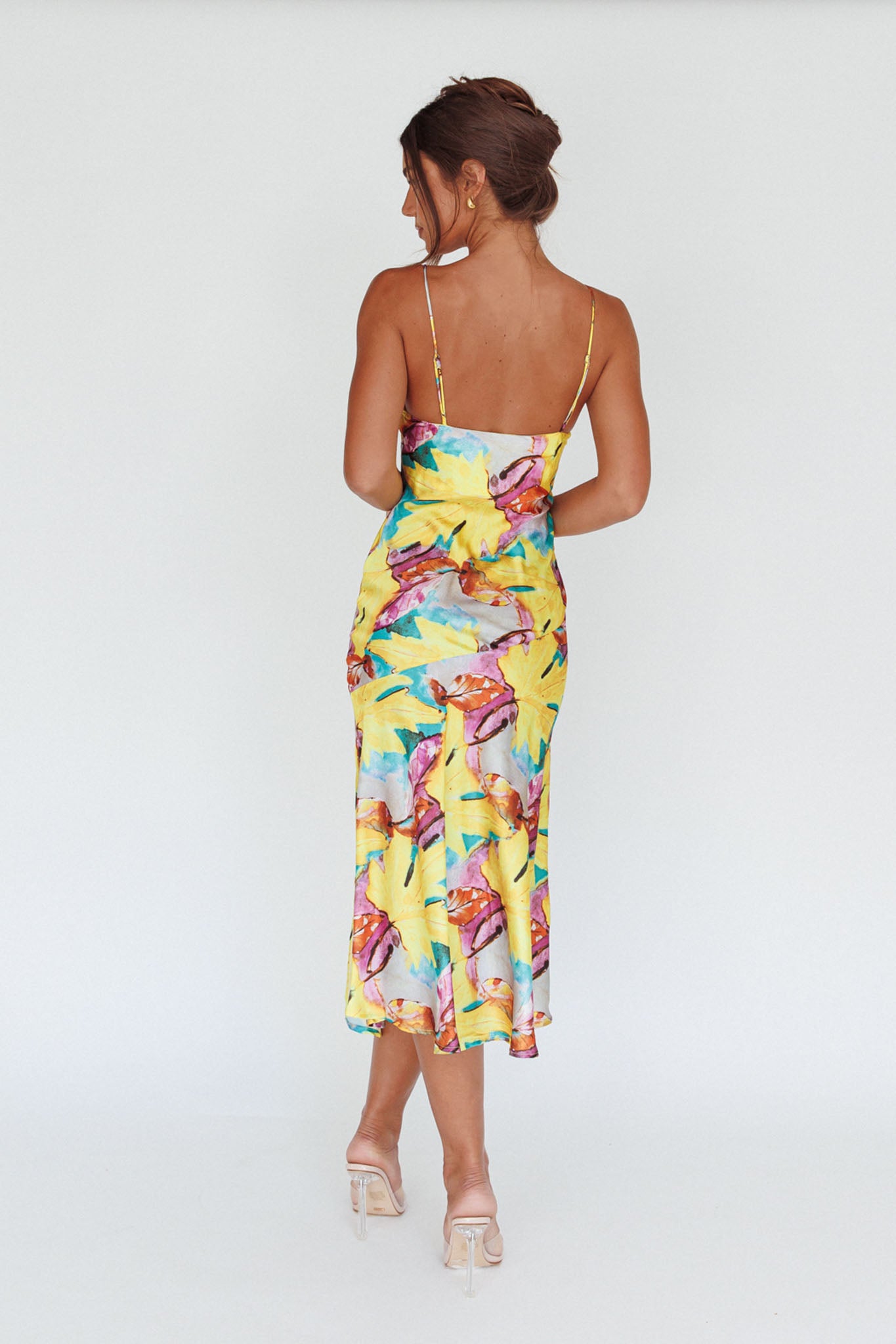 Well Versed Pleated Bust Front Split Dress Leaf Print Yellow by Selfie Leslie Australia
