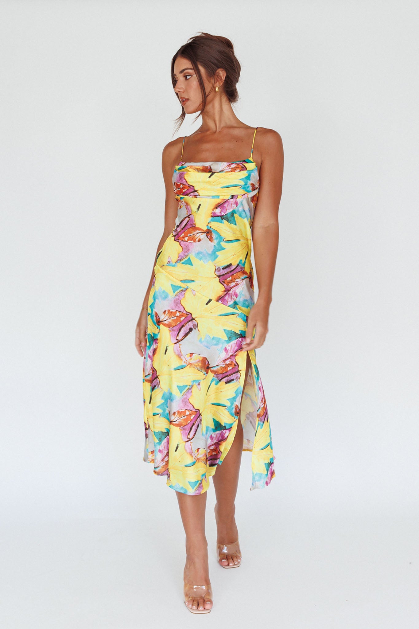 Well Versed Pleated Bust Front Split Dress Leaf Print Yellow by Selfie Leslie Australia