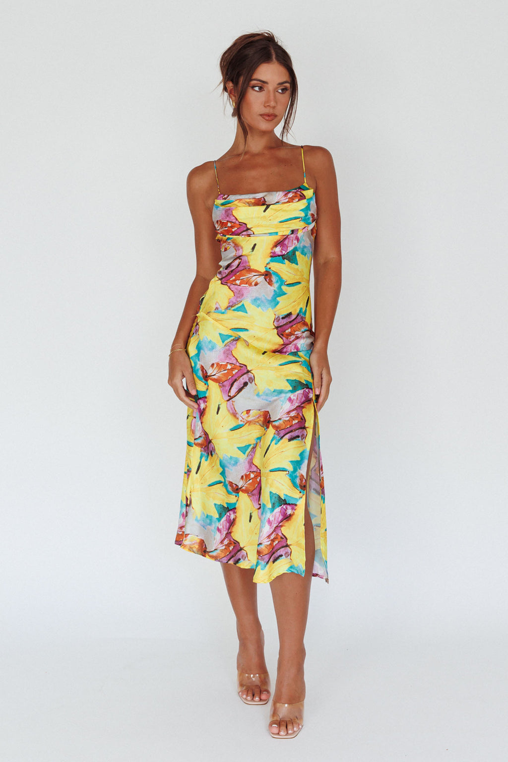 Well Versed Pleated Bust Front Split Dress Leaf Print Yellow by Selfie Leslie Australia