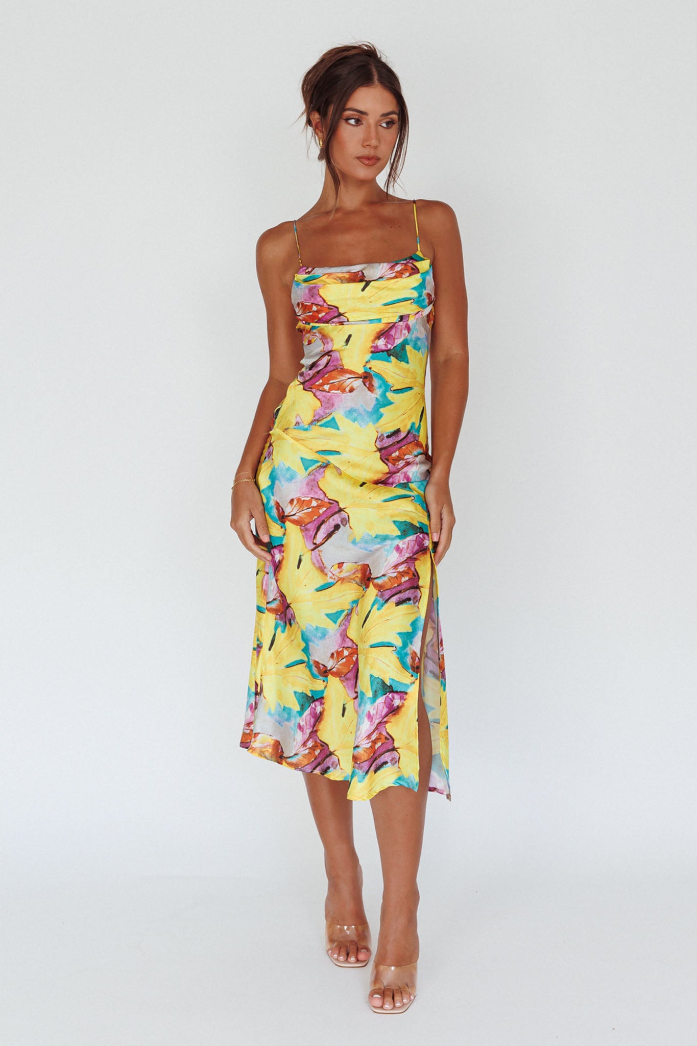 Well Versed Pleated Bust Front Split Dress Leaf Print Yellow by Selfie Leslie Australia
