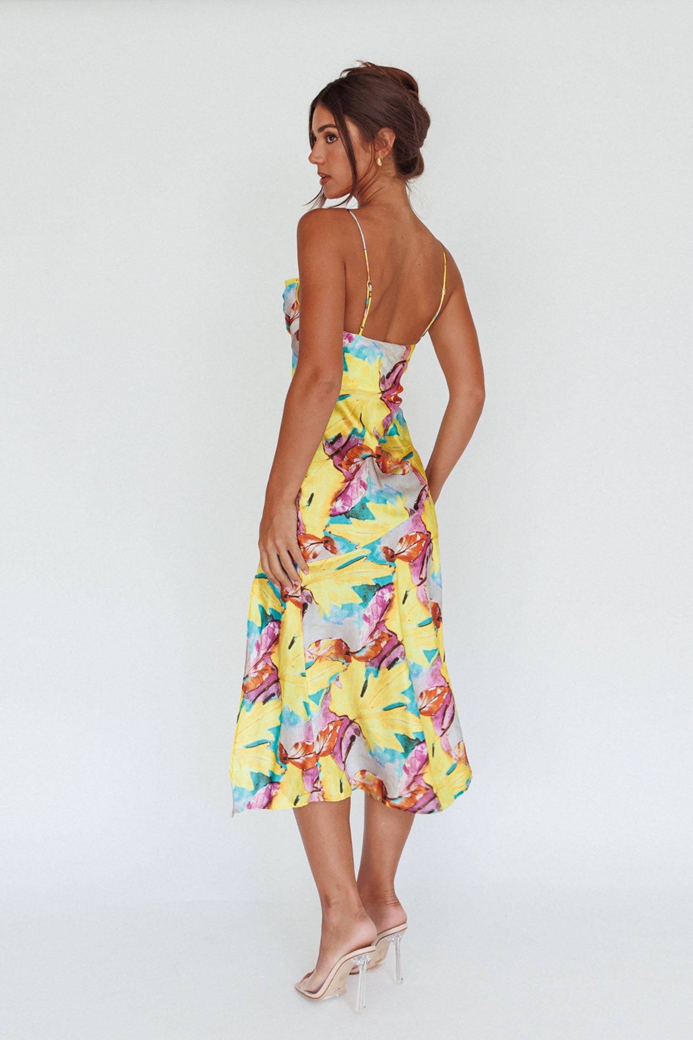 Well Versed Pleated Bust Front Split Dress Leaf Print Yellow by Selfie Leslie Australia