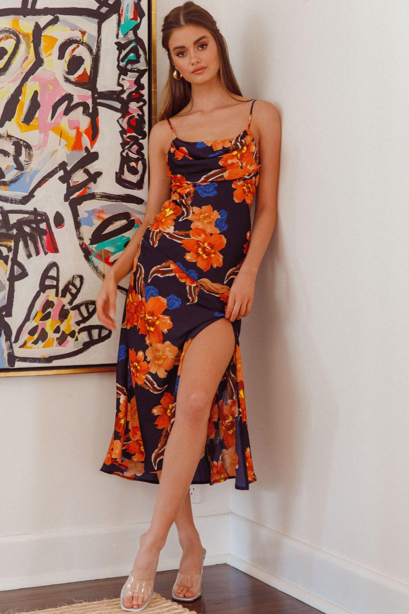 Well Versed Pleated Bust Front Split Dress Flower Orange by Selfie Leslie Australia