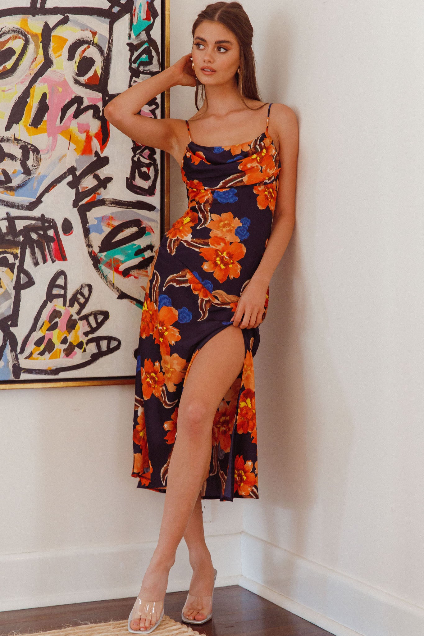 Well Versed Pleated Bust Front Split Dress Flower Orange by Selfie Leslie Australia