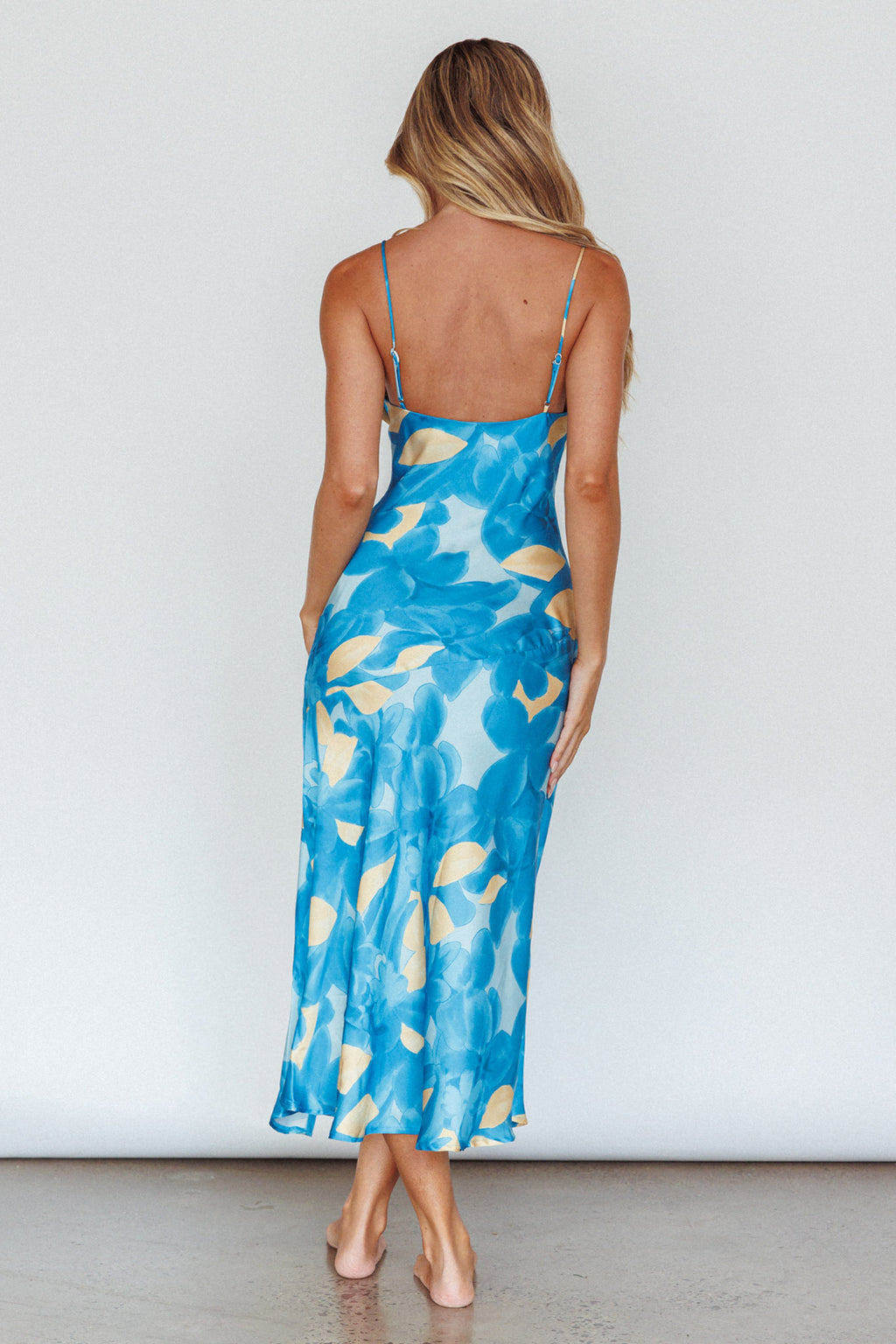 Well Versed Pleated Bust Front Split Dress Flora Blue by Selfie Leslie Australia