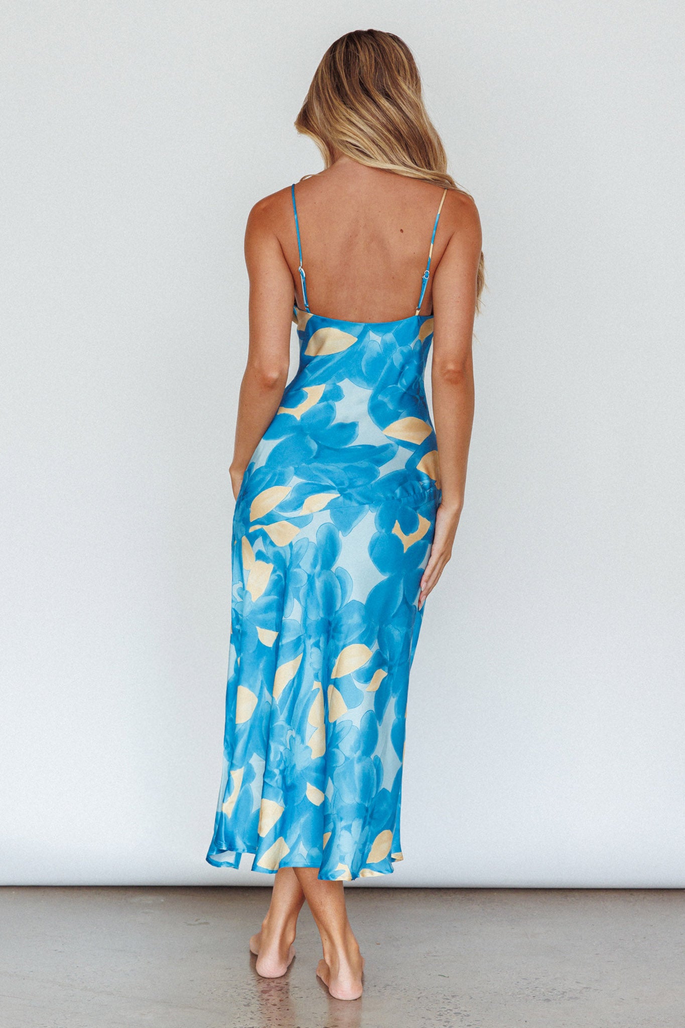 Well Versed Pleated Bust Front Split Dress Flora Blue by Selfie Leslie Australia
