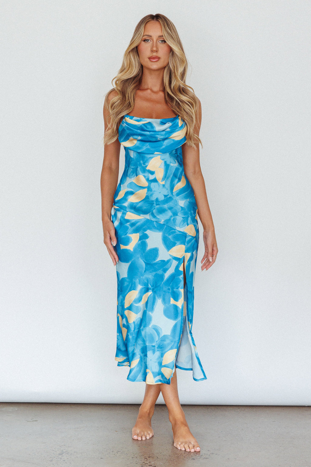 Well Versed Pleated Bust Front Split Dress Flora Blue by Selfie Leslie Australia