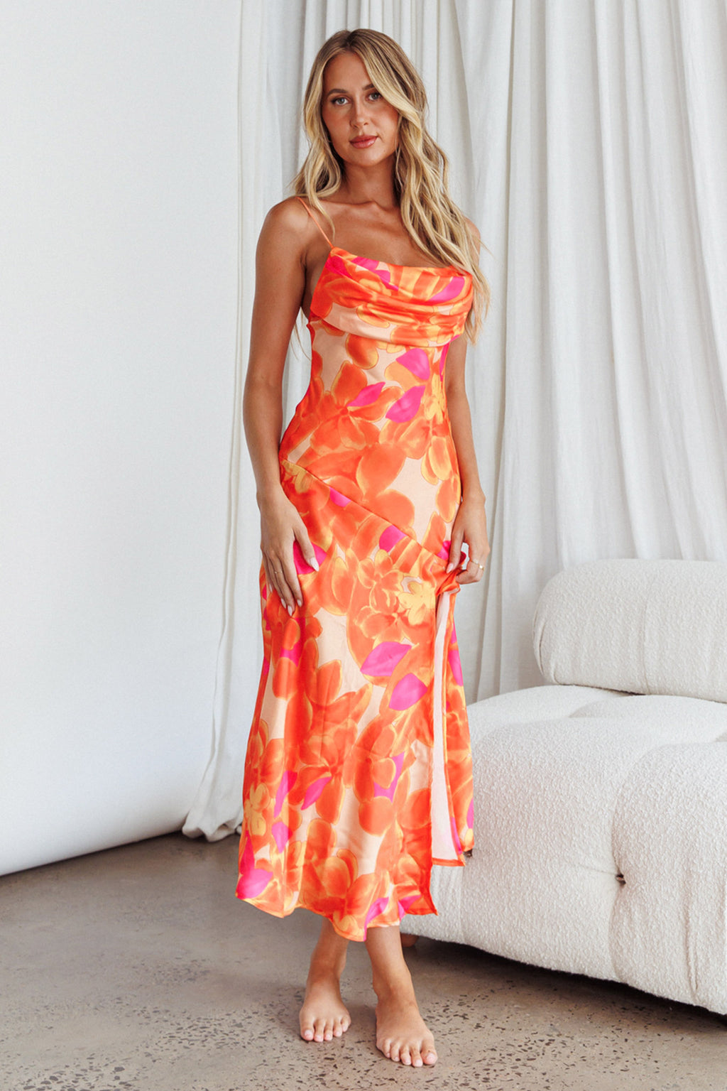 Well Versed Pleated Bust Front Split Dress Flora Orange by Selfie Leslie Australia