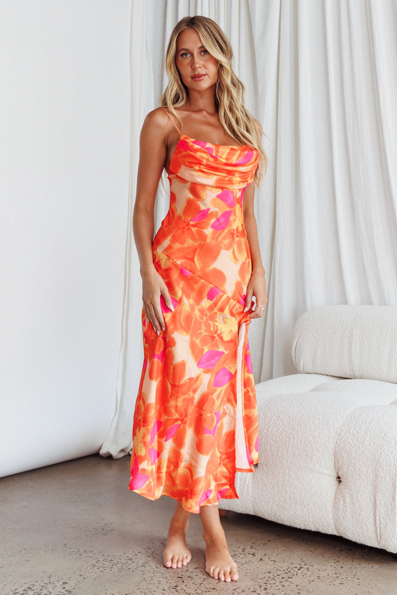Well Versed Pleated Bust Front Split Dress Flora Orange by Selfie Leslie Australia