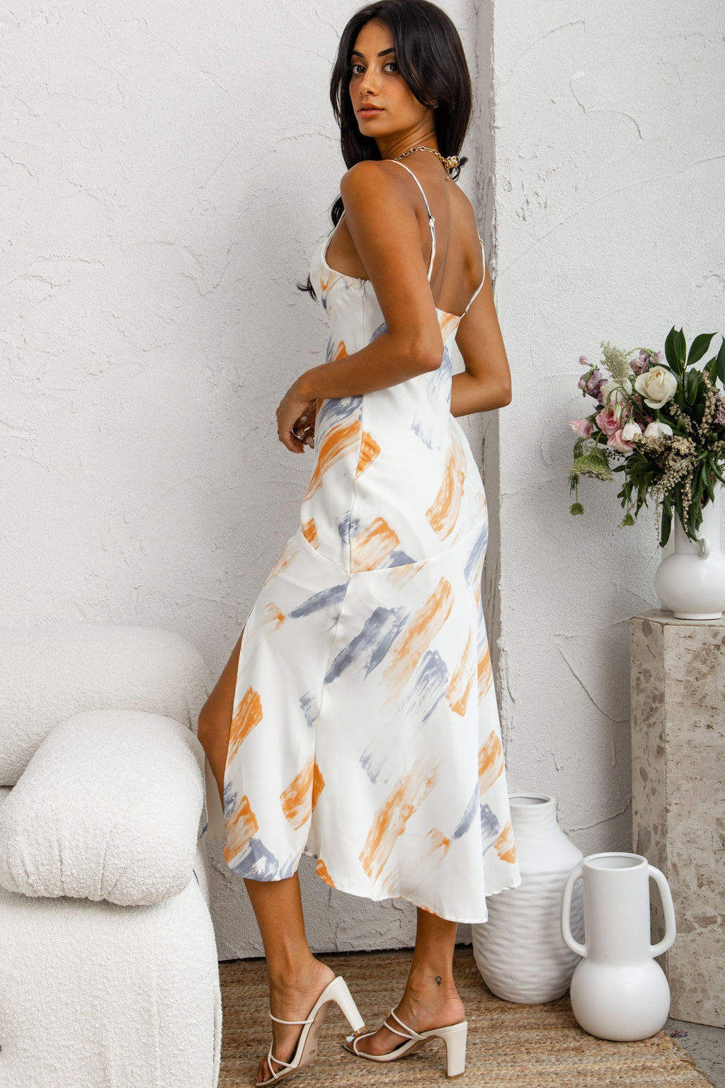 Well Versed Pleated Bust Front Split Dress Paint Print Blue/Orange by Selfie Leslie