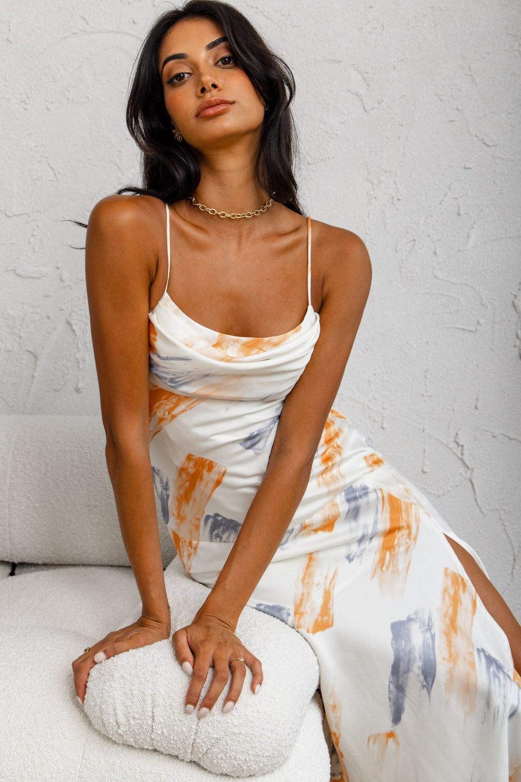 Well Versed Pleated Bust Front Split Dress Paint Print Blue/Orange by Selfie Leslie
