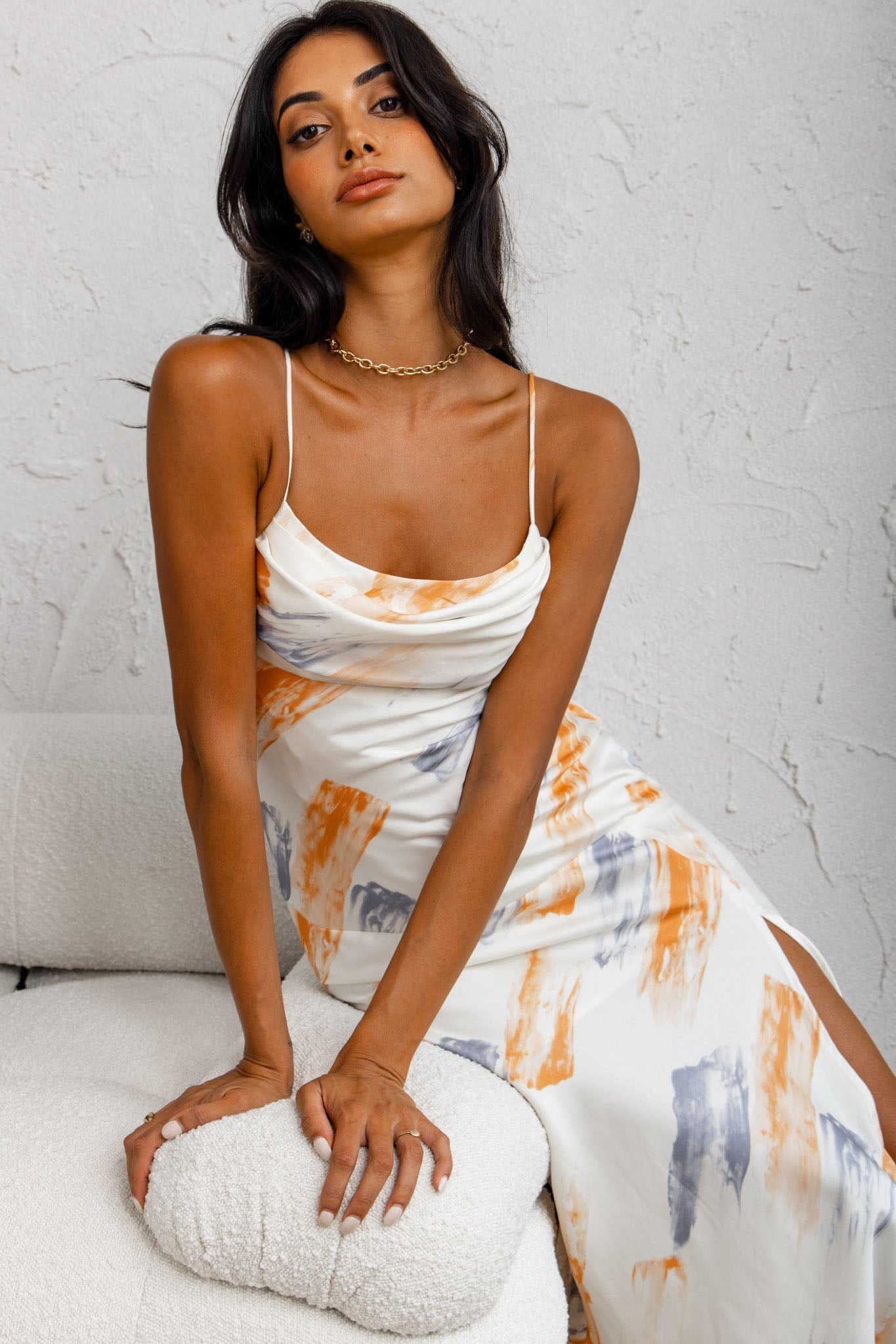 Well Versed Pleated Bust Front Split Dress Paint Print Blue/Orange by Selfie Leslie