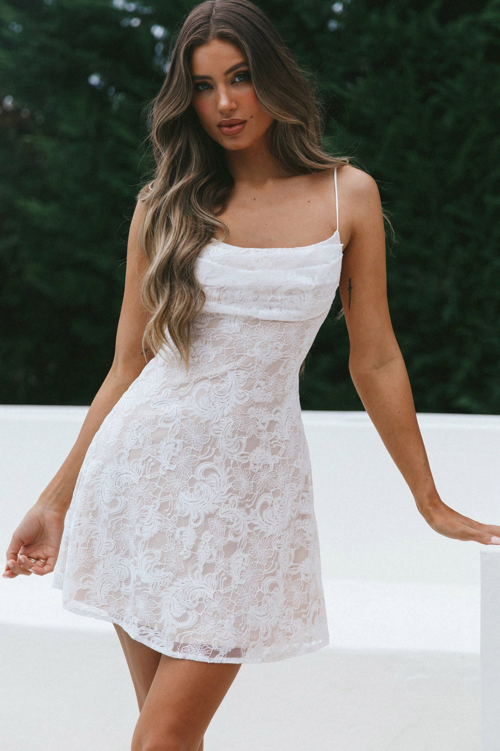 Well Versed Pleated Mini Dress Lace White by Selfie Leslie